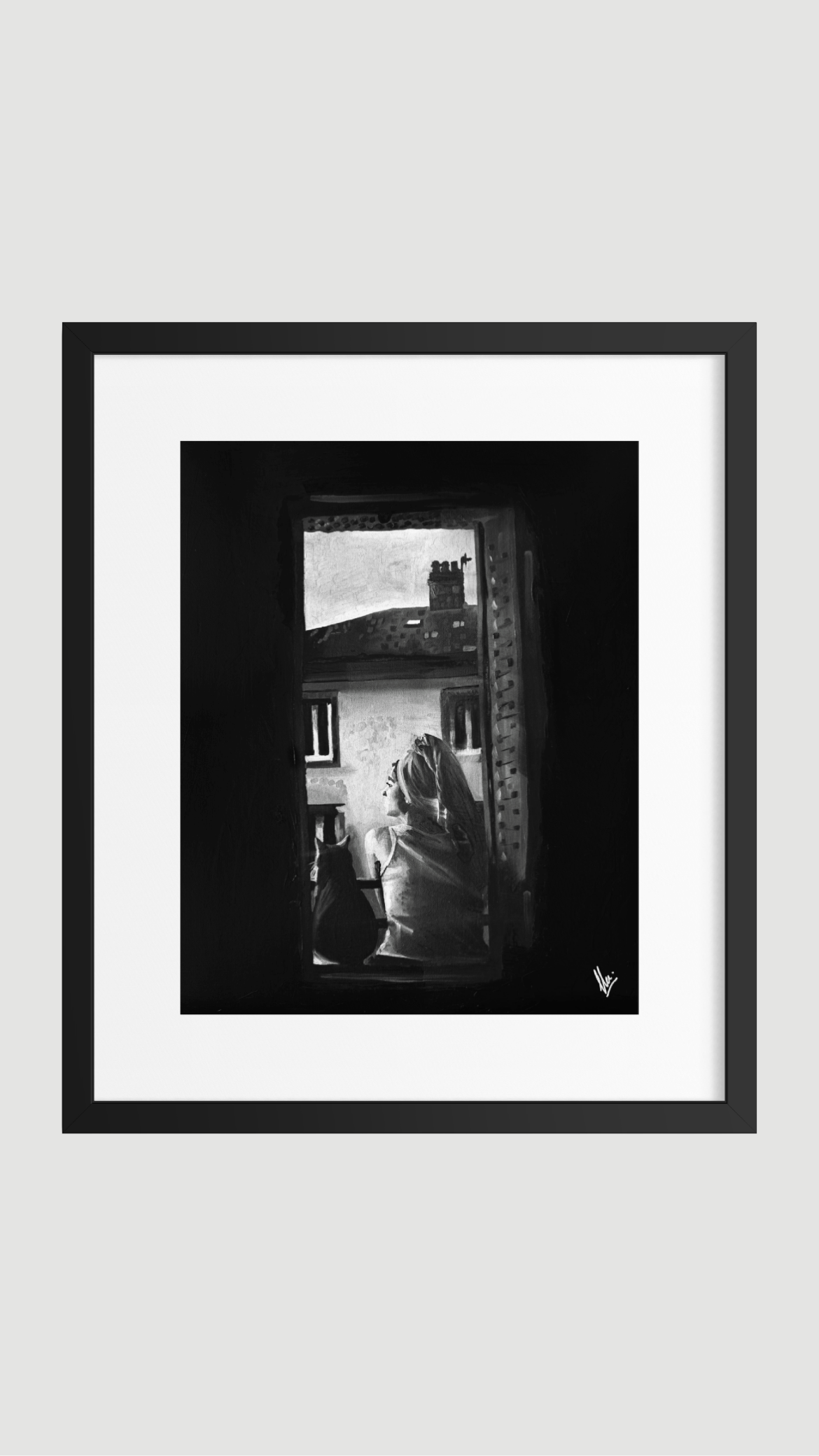 Alternate framed view of “The Familiar,” a black and white oil painting by Camila Hojas.