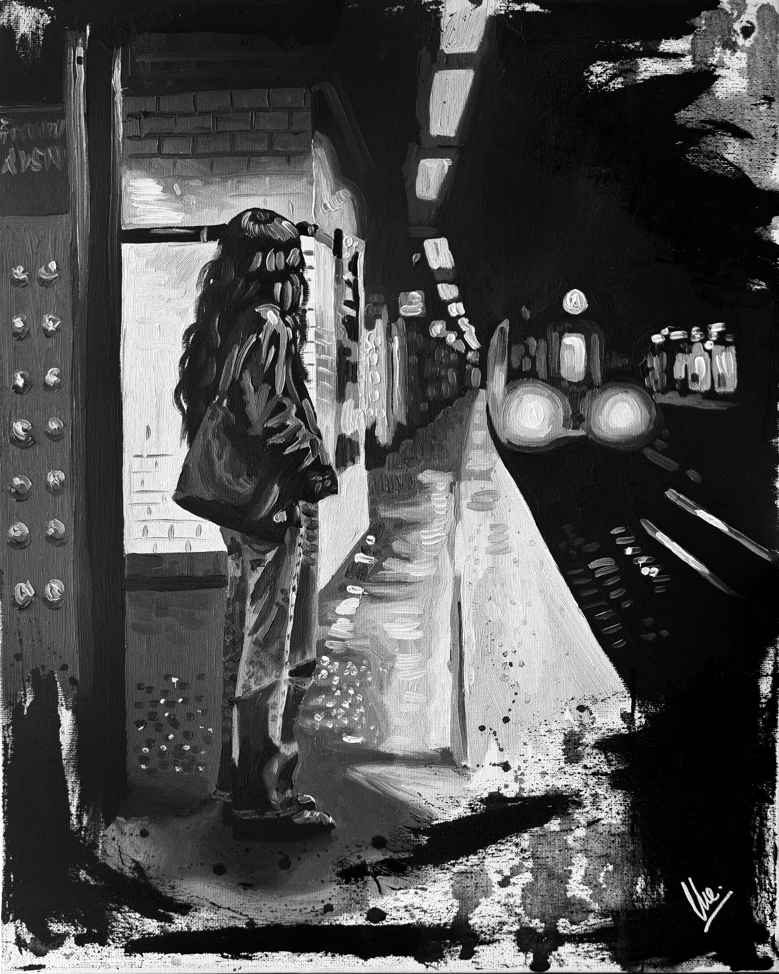 Black-and-white oil painting of a woman with bags waiting on a New York City subway platform at night as the A train approaches.