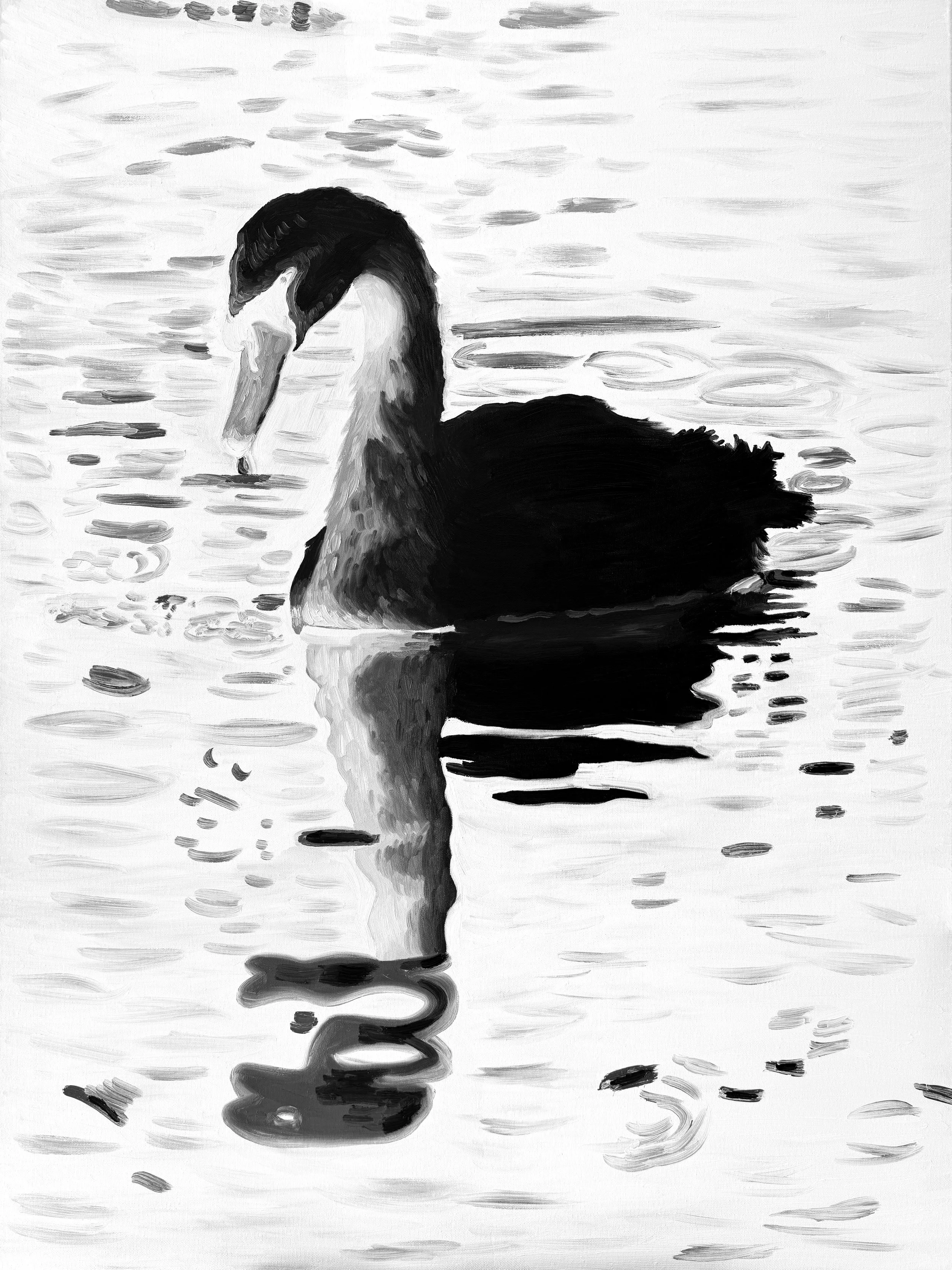 Black and white oil painting of a dark swan and its reflection moving through pale water, titled Negative Grace by Camila Hojas.