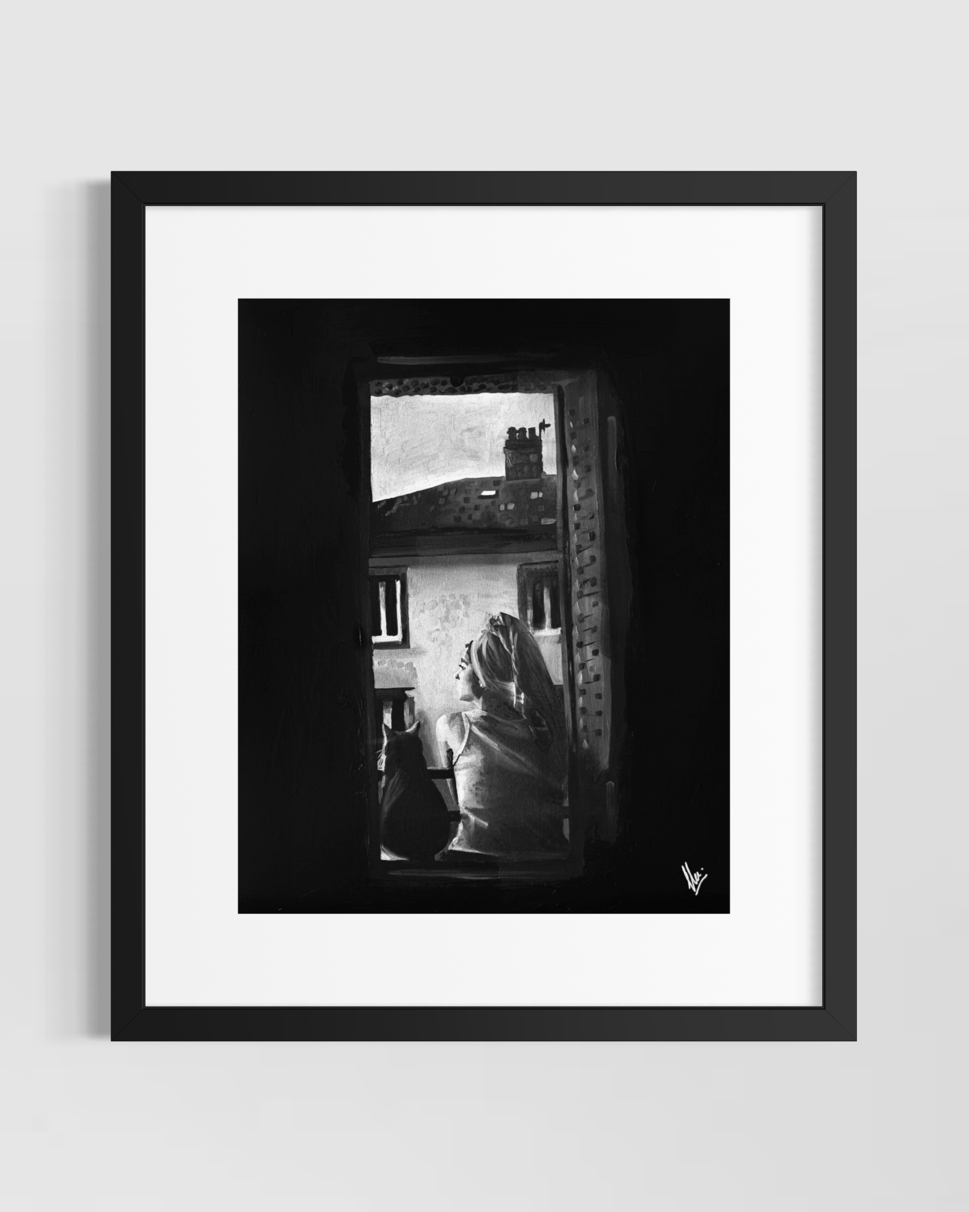 Framed view of “The Familiar,” a black and white oil painting by Camila Hojas.