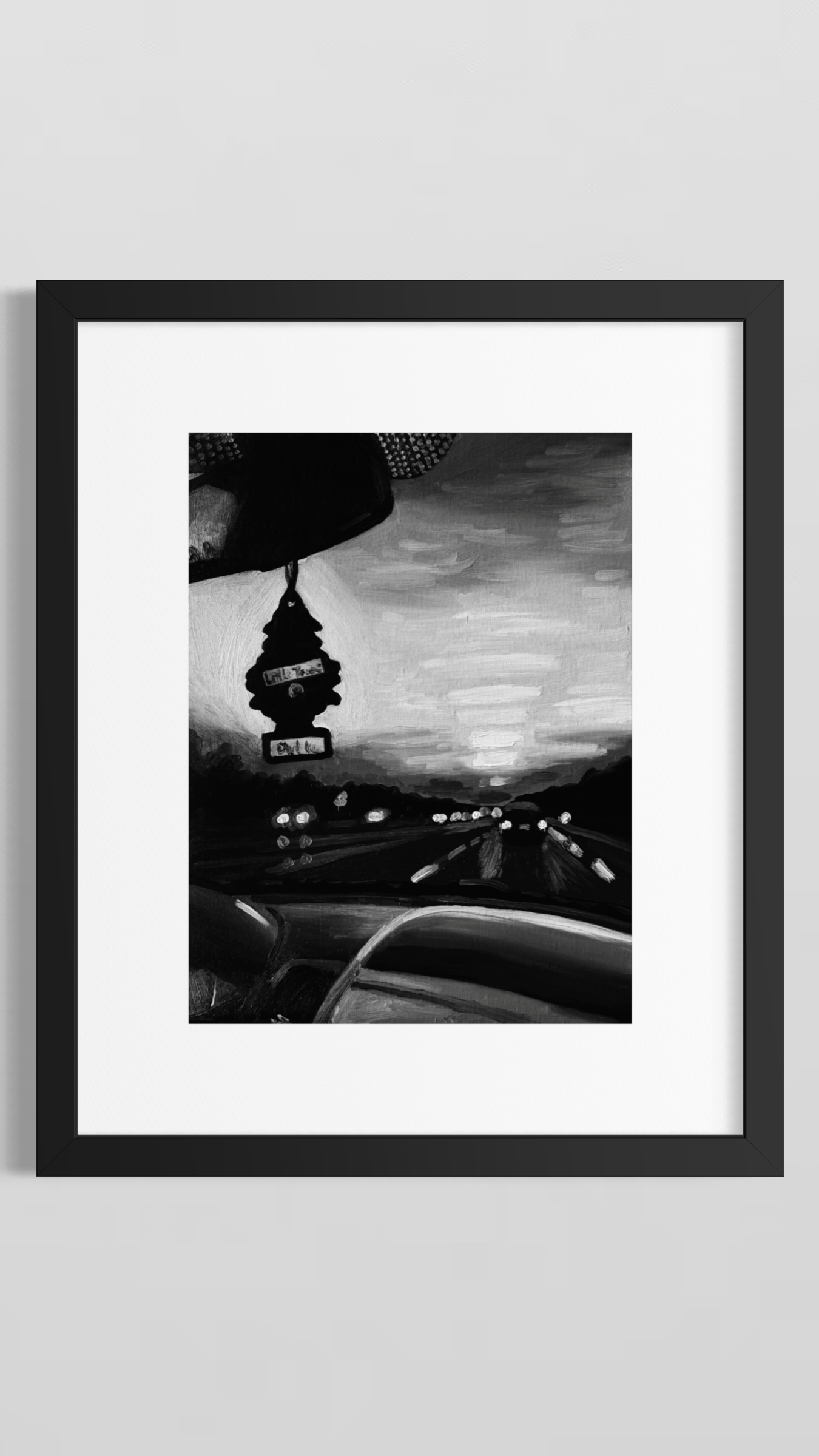 Close view of Little Tree fine art print in a black frame; frame not included.