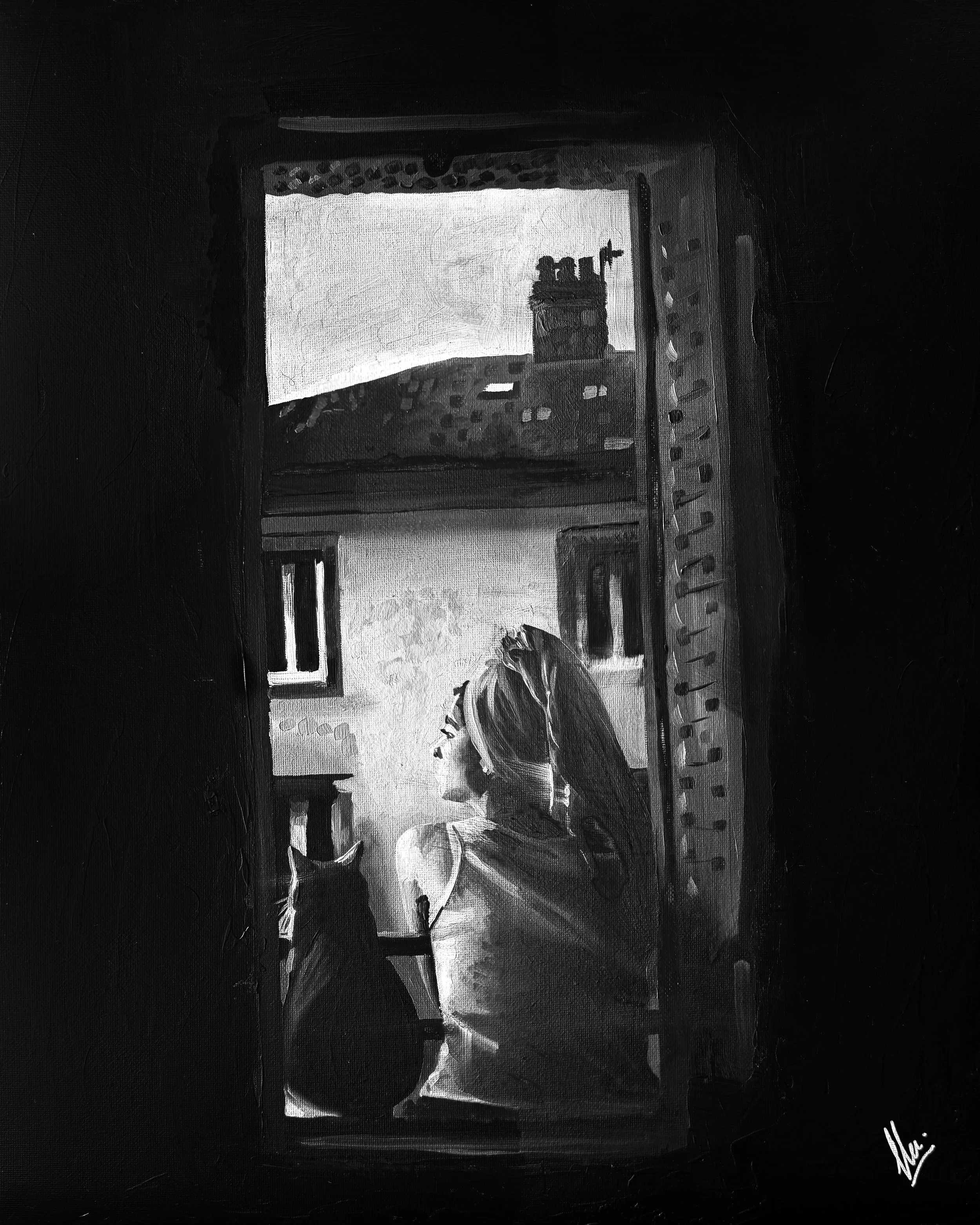 Black and white oil painting of a woman and black cat together at an open window.
