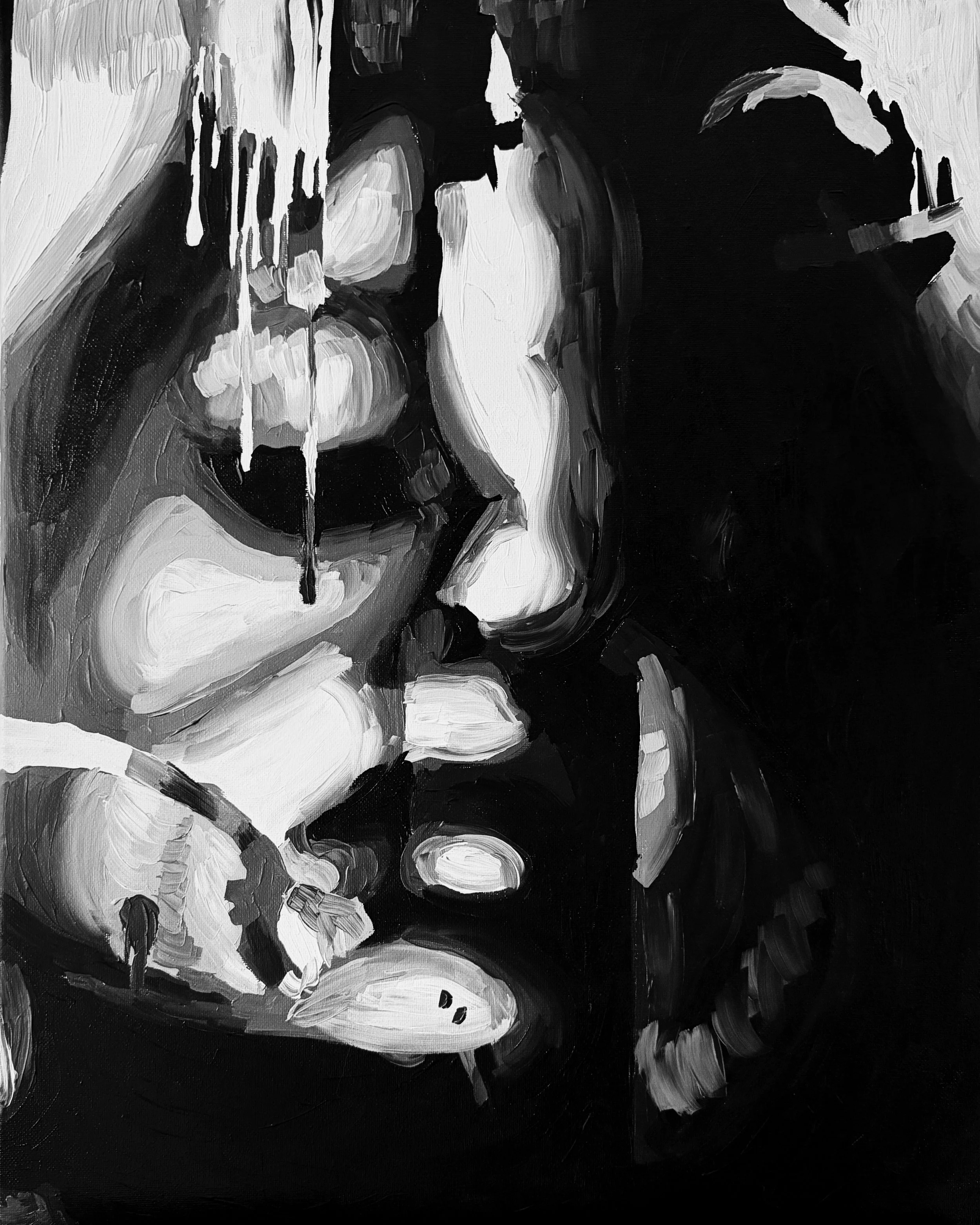 Black and white acrylic abstract portrait with fragmented facial features and bold expressive brushstrokes.
