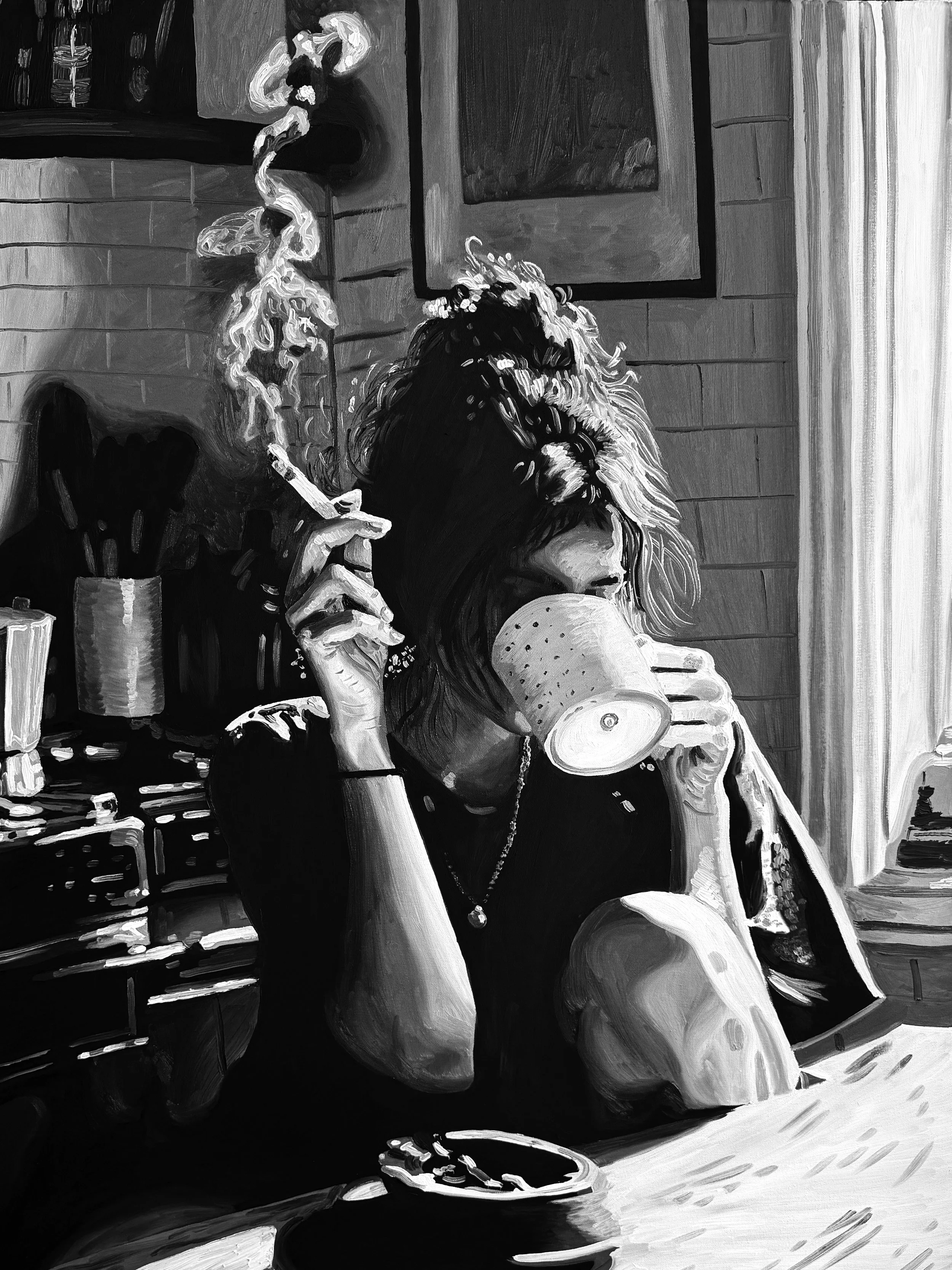 Black-and-white oil painting of a seated woman drinking from a mug and smoking beside a bright kitchen window.