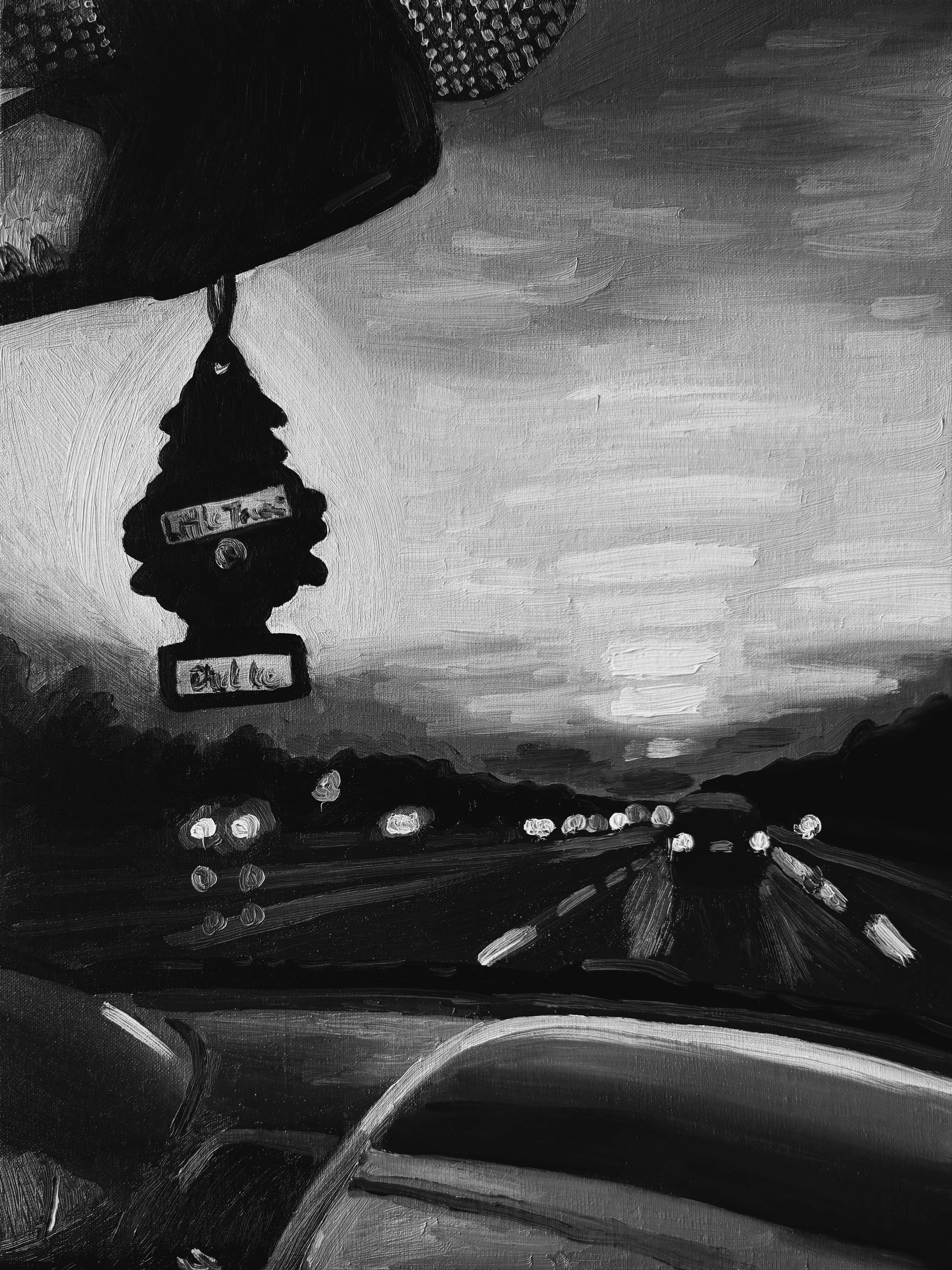 Black-and-white oil painting of a tree-shaped car air freshener hanging above a nighttime highway viewed from inside a car.