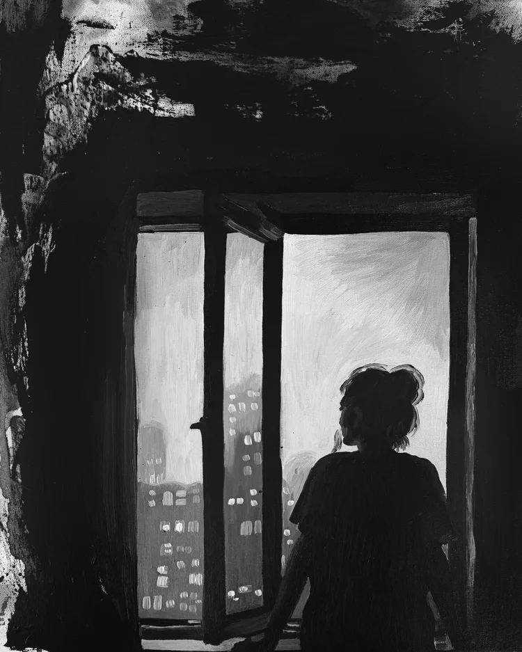 From Here, a woman silhouetted at an open window.