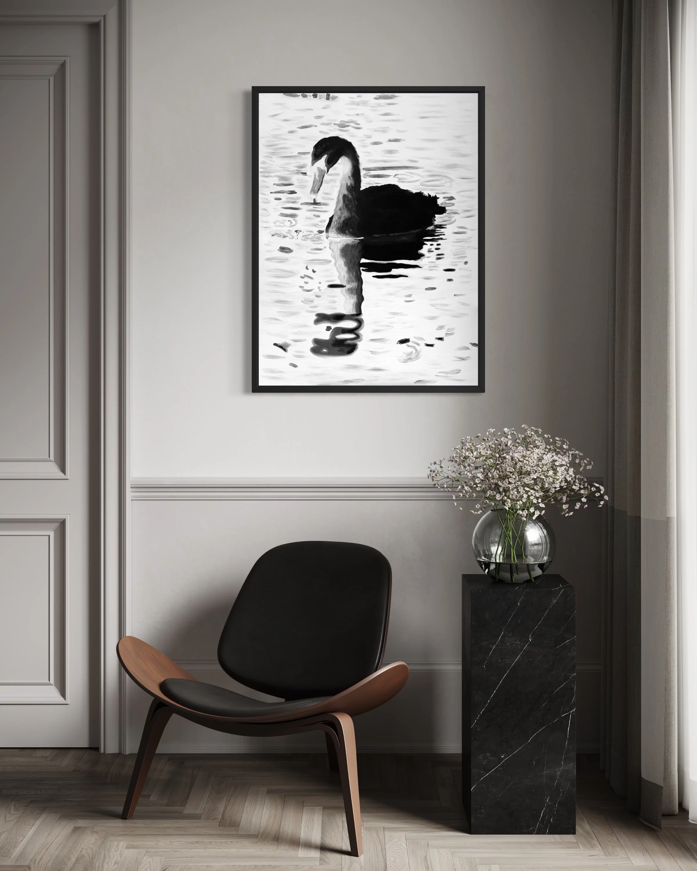 Negative Grace fine art print shown in a black frame in a styled interior; frame not included.
