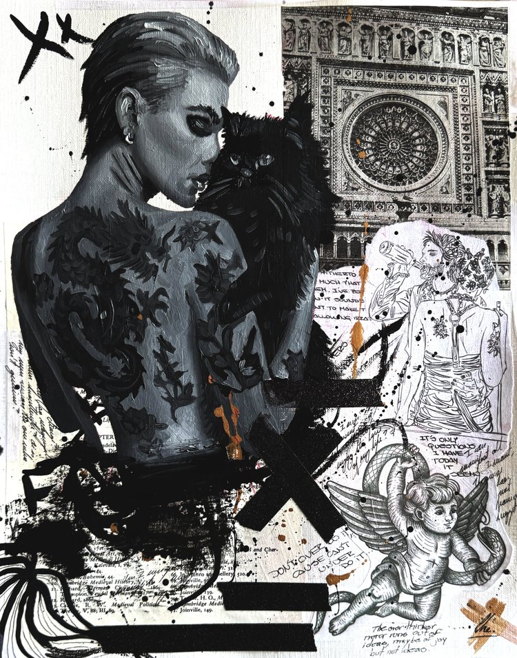 Velvet Claw, a woman holding a black cat amid layered painted and drawn marks.