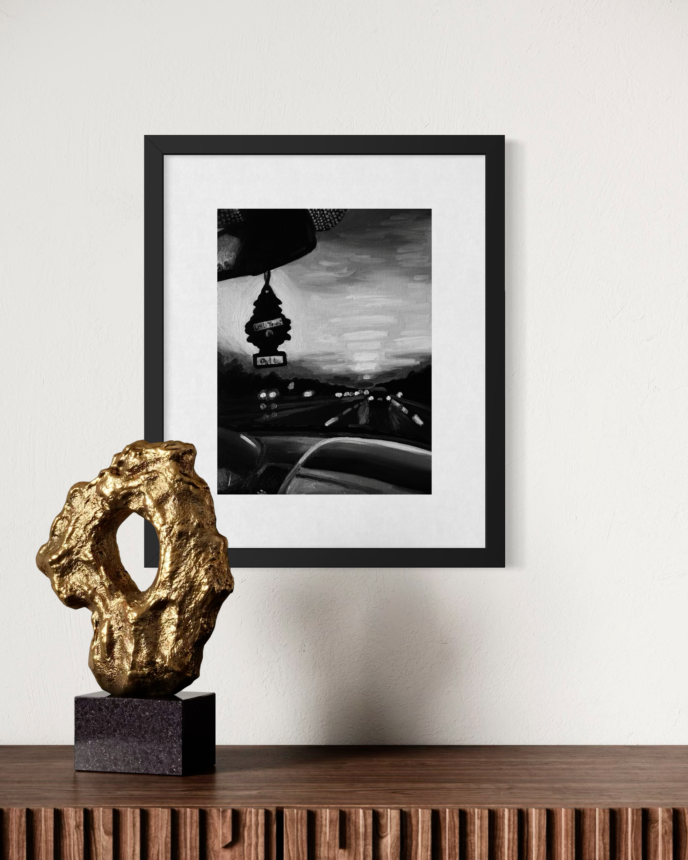 Little Tree fine art print displayed in a black frame above a wooden console; frame not included.
