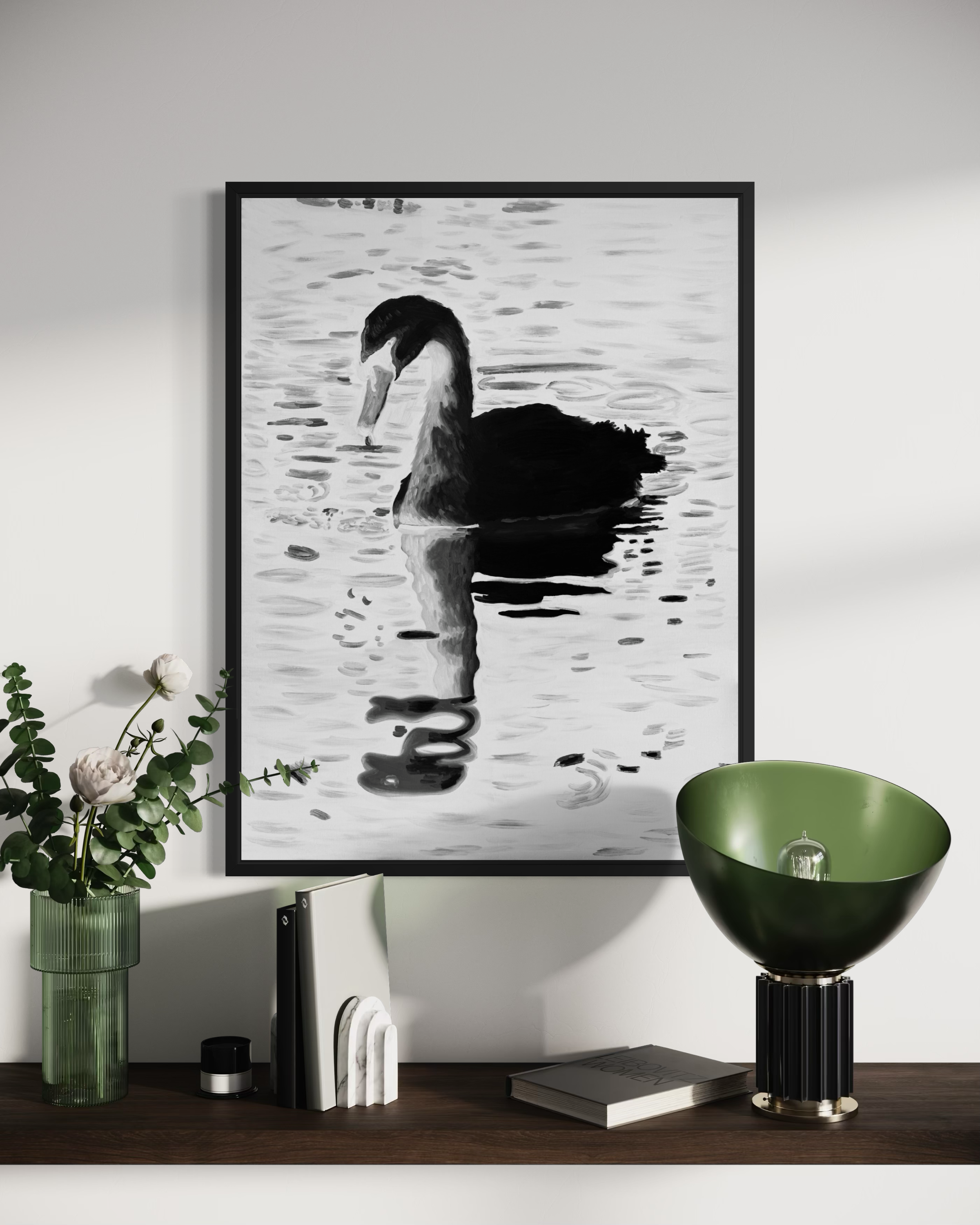 Negative Grace original oil painting displayed in a black frame above a desk; frame not included.