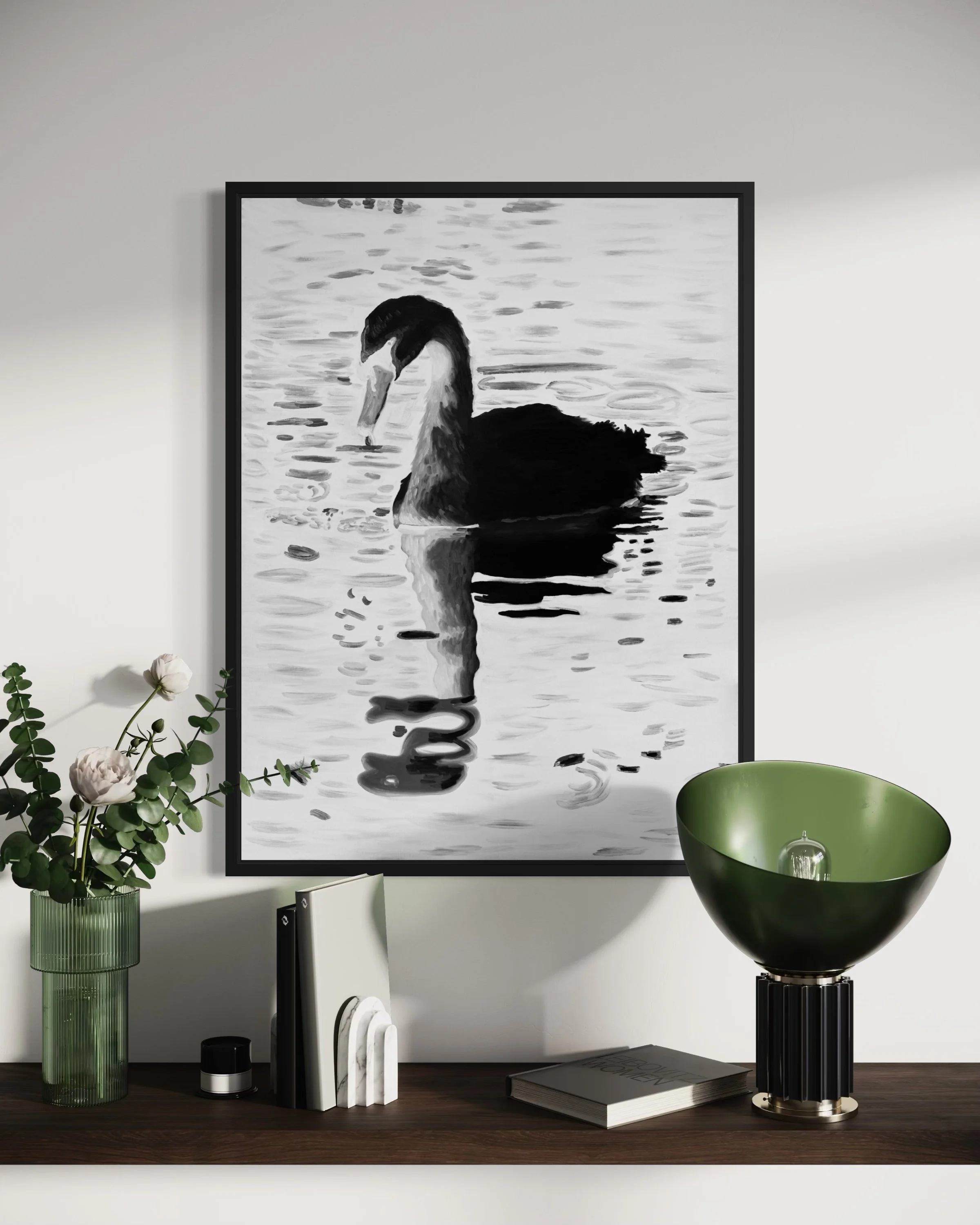 Negative Grace fine art print displayed in a black frame above a desk; frame not included.
