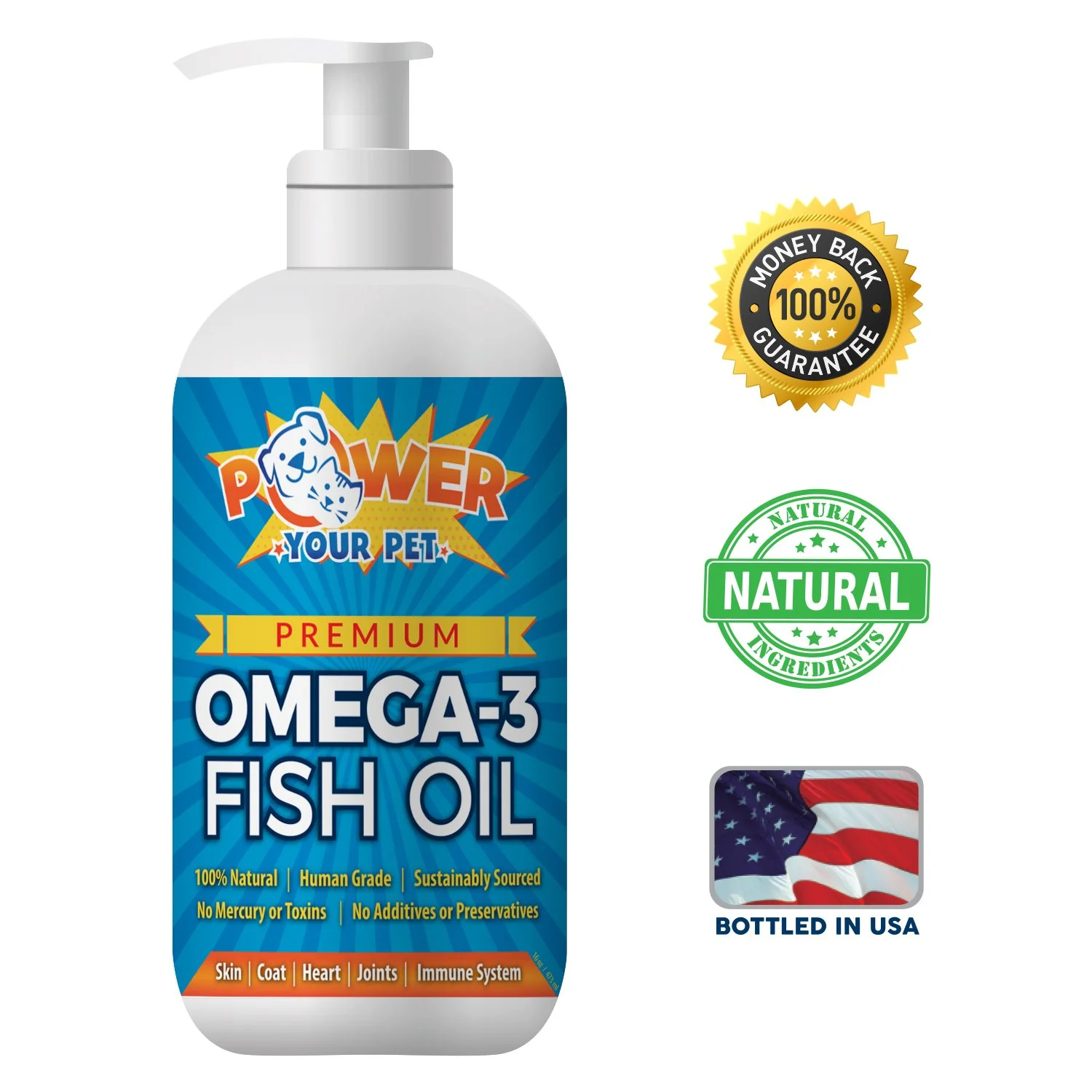 Power Your Pet Omega 3 Fish Oil for Dogs & Cats Supports Healthy Skin, Coat, Joints, Kidneys, Heart & Immune System - EPA/DHA Nutrient Rich Fatty Acids - GMO Free - 16 oz Bottle “High quality product that is easy to put in food once/day. Just keep in the fridge and feed one pump/day” REDUCES EXCESSIVE SHEDDING AND ITCHY SKIN: Power Your Pet Omega 3 Fish oil promotes healthy a healthy shiny coat and soothes itchy sensitive skin, reduces dandruff EASES JOINT PAIN AND REDUCES INFLAMMATION: Good for heart, kidneys, skin and joints, such as arthritis 100% NATURAL: Our Omega 3 fish oil is made from 100% wild caught fish from the clean icy cold waters of Iceland using sustainable and responsible fishing methods safe for dolphins and other protected species. There are no additives or fillers, just 100% fish oil! PHARMACEUTICAL HUMAN GRADE: Our Omega 3 fish oil is made in FDA registered facilities and is tested to make sure there are NO mercury or any other harmful toxins that could harm you or your family VETERINARIAN RECOMMENDED: Power Your Pet Omega 3 fish oil is packed with EPA and DHA which veterinarians recommend adding to your pet's diet to help support healthy skin, coat, joints, allergies, heart and the development and maintenance of eye and brain and immune system.