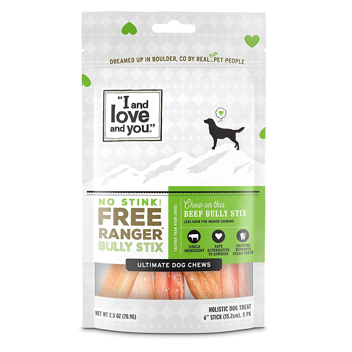 “I and love and you” All Natural Odor Free Bully Stick Chews “Winston’s favorite chew treat! Free range, grass fed beef. No smell! Great to his teeth!” Free Ranging: Made From Free Range, Grass Fed Beef Nothing Scary: Healthy And Safe Alternative To Rawhide Protein Rich: High In Protein, Low In Fat No Stink: Low Odor To Help Keep Your Nose Happy Healthy Teeth: Chewing Promotes Dental Health Packaging May Vary
