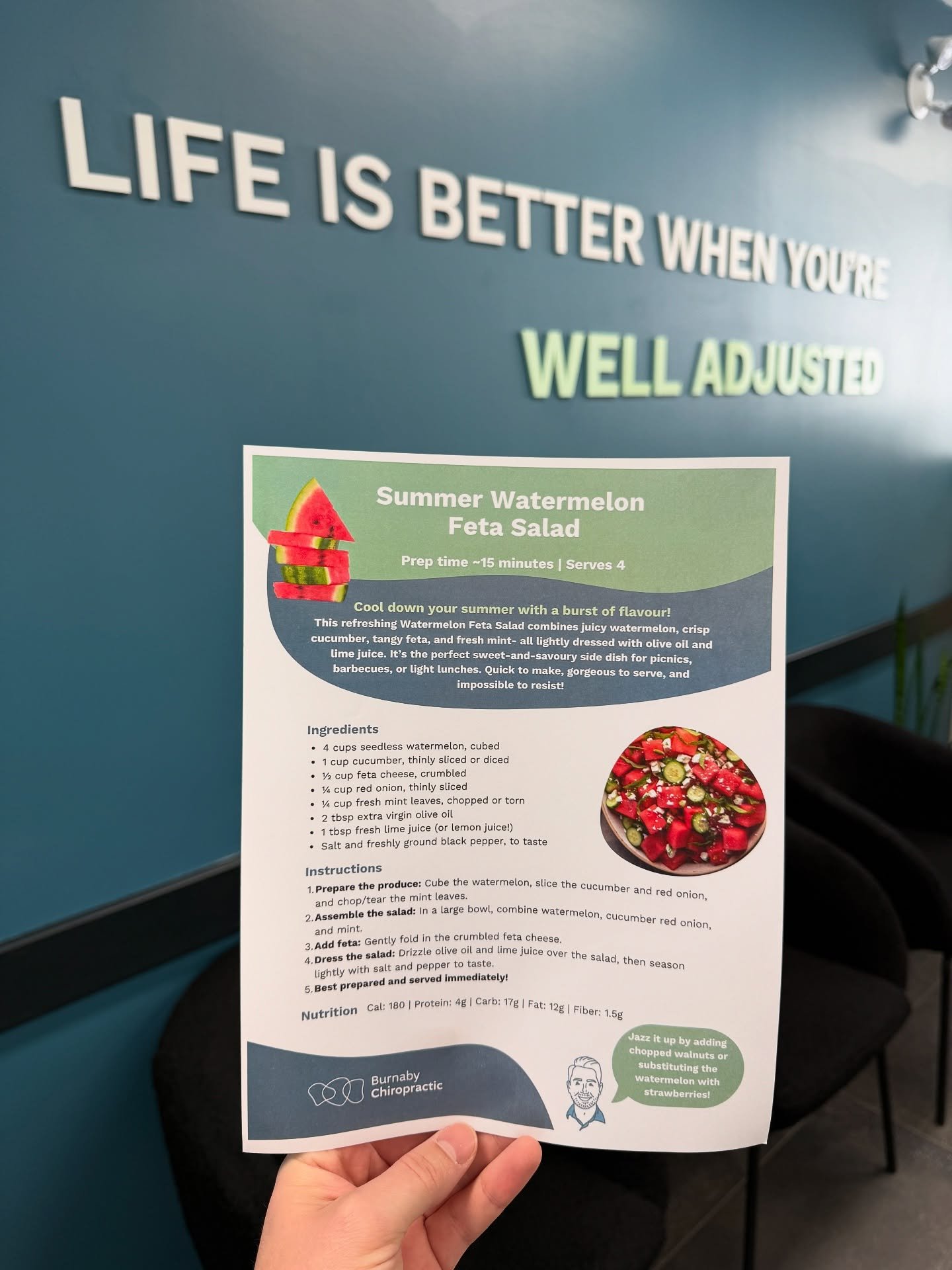 New Recipe of the month! 🍉 
Be sure to grab this delicious summer salad recipe from our team at your next adjustment! If you try it at home tag us and let us know your thoughts! 🤩😍