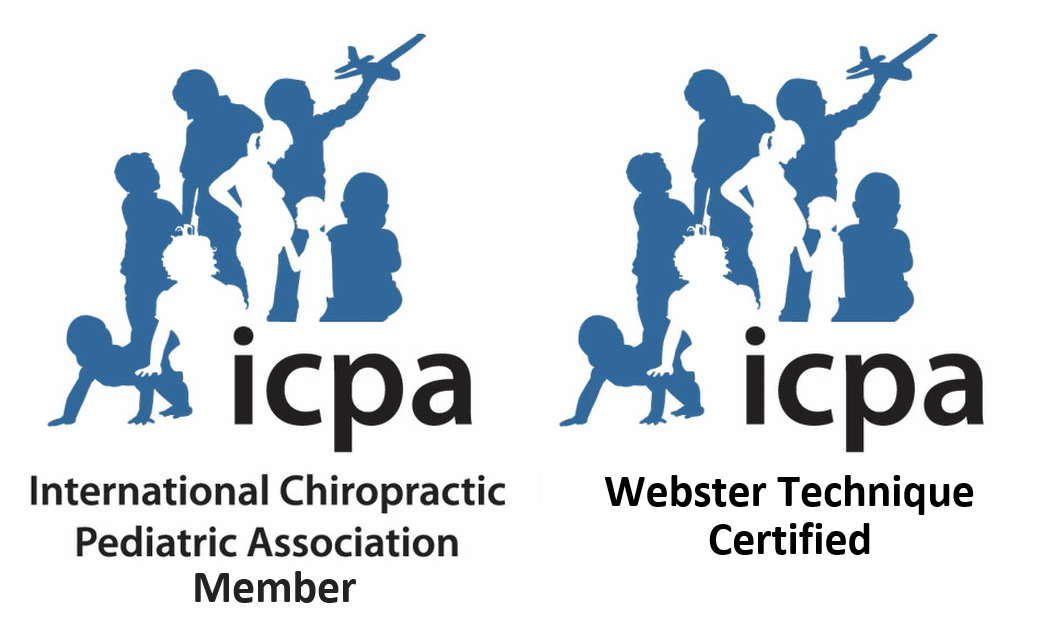 Two identical logos of the International Chiropractic Pediatric Association (ICPA), featuring silhouettes of children and a woman, with the text 'International Chiropractic Pediatric Association Member' and 'Webster Technique Certified' below.