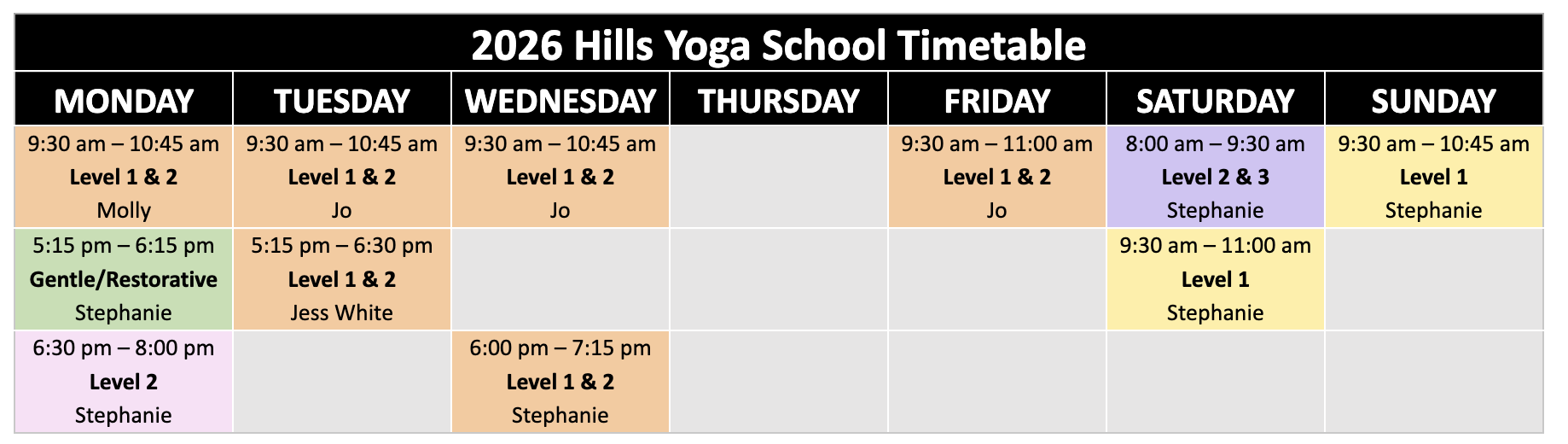 Adelaide Hills Yoga School 2026 Timetable