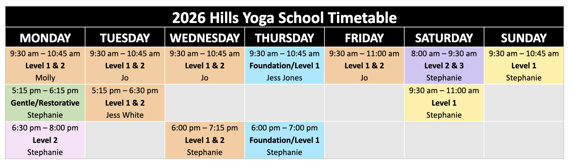 Adelaide Hills Yoga School 2026 Timetable