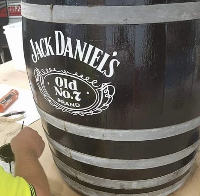 This barrel was varnished and the design was hand painted by our master sign writer Lyndsey. Lyndsey is rather adept at painting and an artist in his own right.