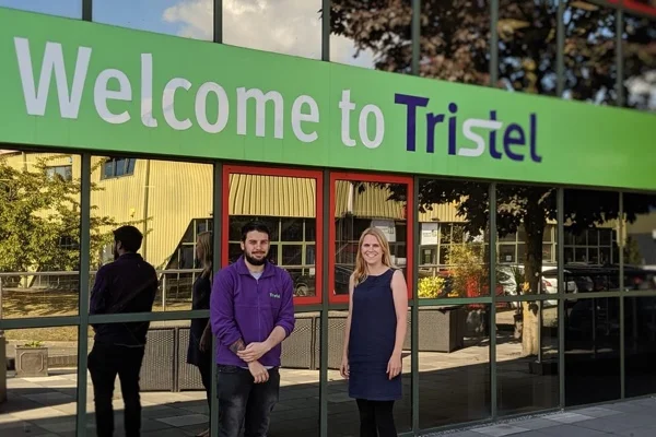 Tristel’s Bryn Clark and FCC Innovation’s Liz Budd outside Tristel’s Snailwell premises