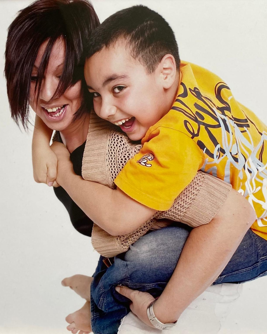 A photograph of a mother and son in memory of Jenson Joseph who died in his sleep from anaphylaxis.