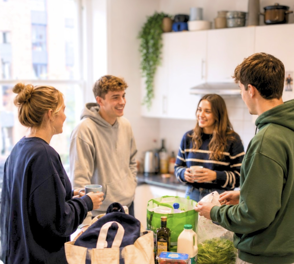 University students in a shared kitchen discussing food allergy safety
