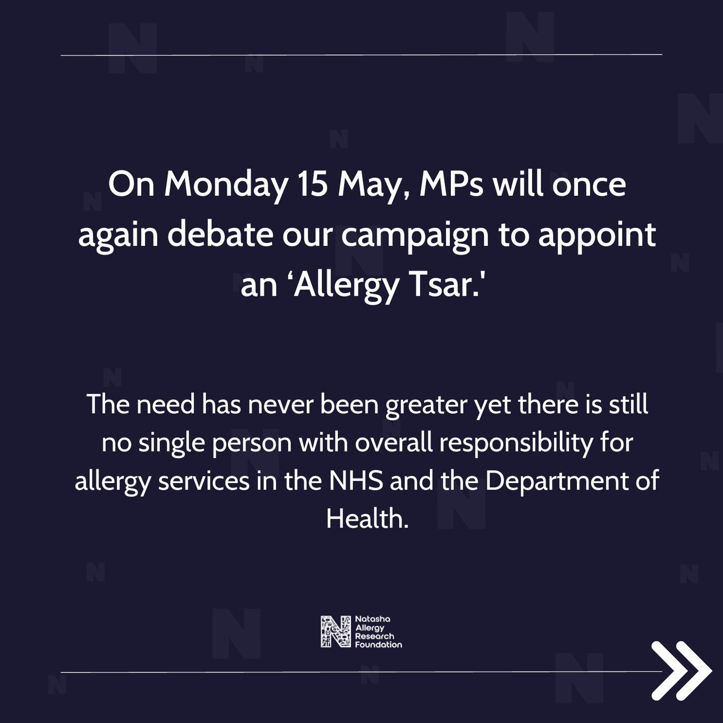 📣 On Monday 15 May, MPs will once again debate our campaign to appoint an &lsquo;Allergy Tsar.'

The need has never been greater yet there is still no single person with overall responsibility for allergy services in the NHS and the Department of He