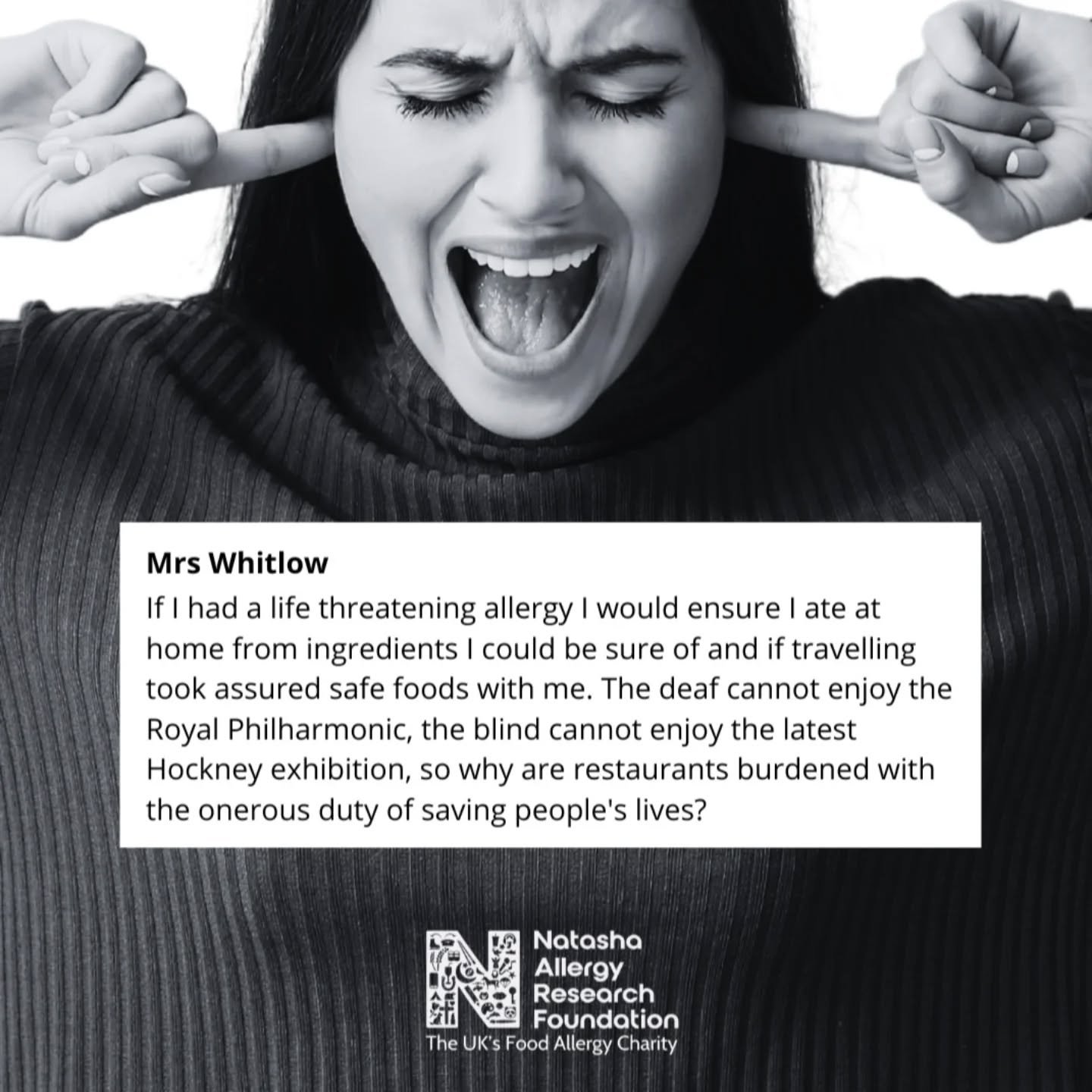 This comment was shared online.

At Natasha&rsquo;s Foundation, we believe that wherever possible, everyone deserves to be safely included in society. 

Deaf people should not excluded from concerts; they can use the vibrations caused by musical soun