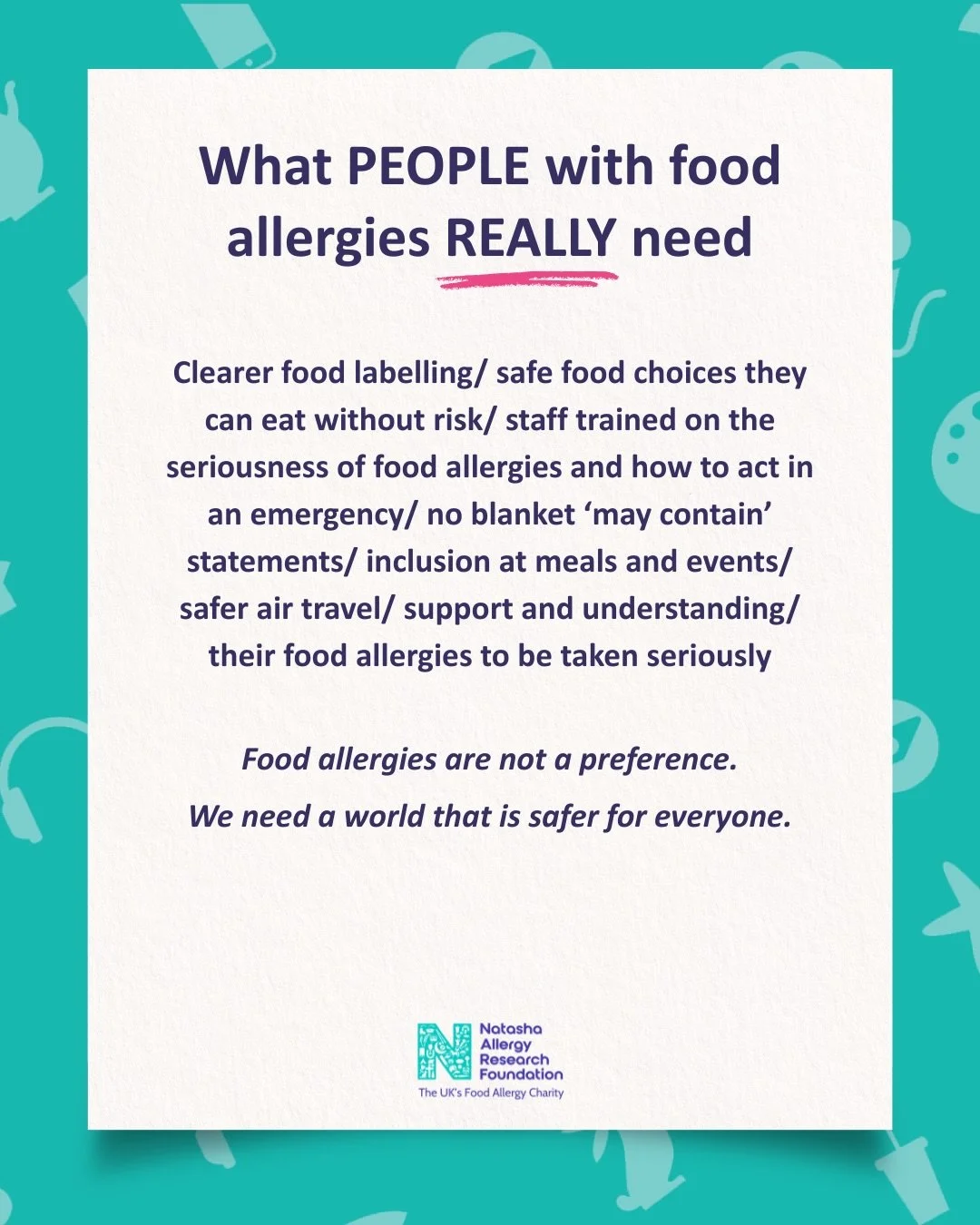 Living with food allergies shouldn&rsquo;t mean living with the daily fear of an accidental reaction.

But allergy safety isn&rsquo;t just the responsibility of individuals. It requires awareness, understanding and systems across society that help pr