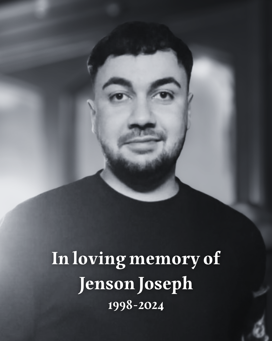 A black and white portrait of Jenson Joseph, a young man who died in his sleep from a delayed allergic reaction