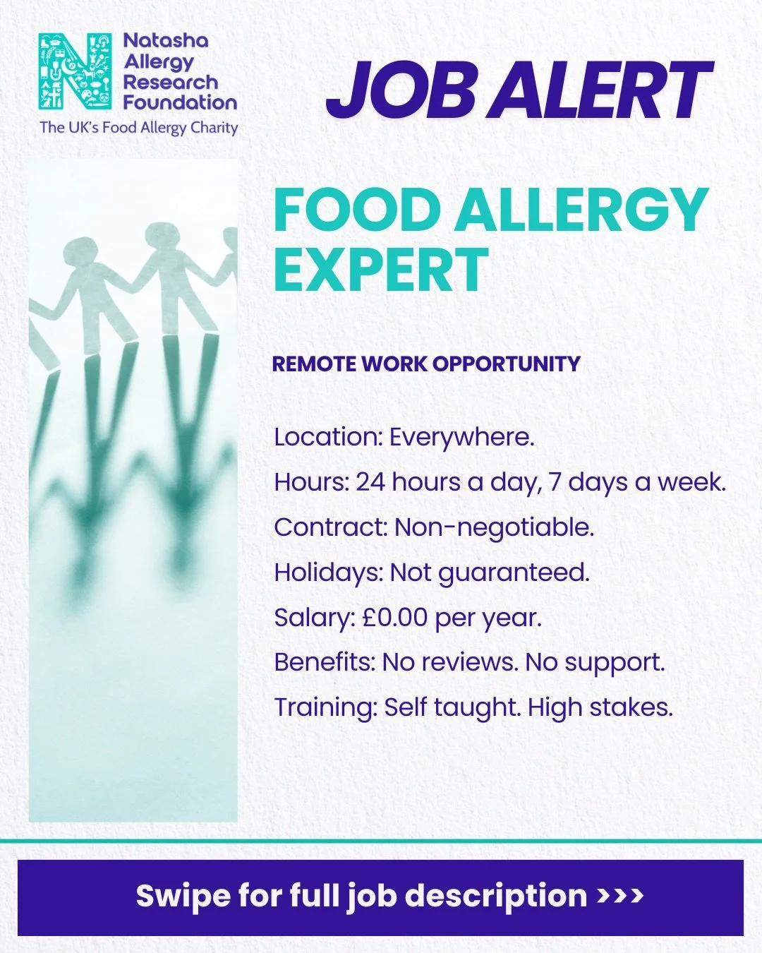 Already doing this role full-time?
Comment &lsquo;OVERQUALIFIED&rsquo; 👇💜

Living with food allergies means carrying a level of responsibility most people never have to think about and even our list of skills required barely scratches the surface.
