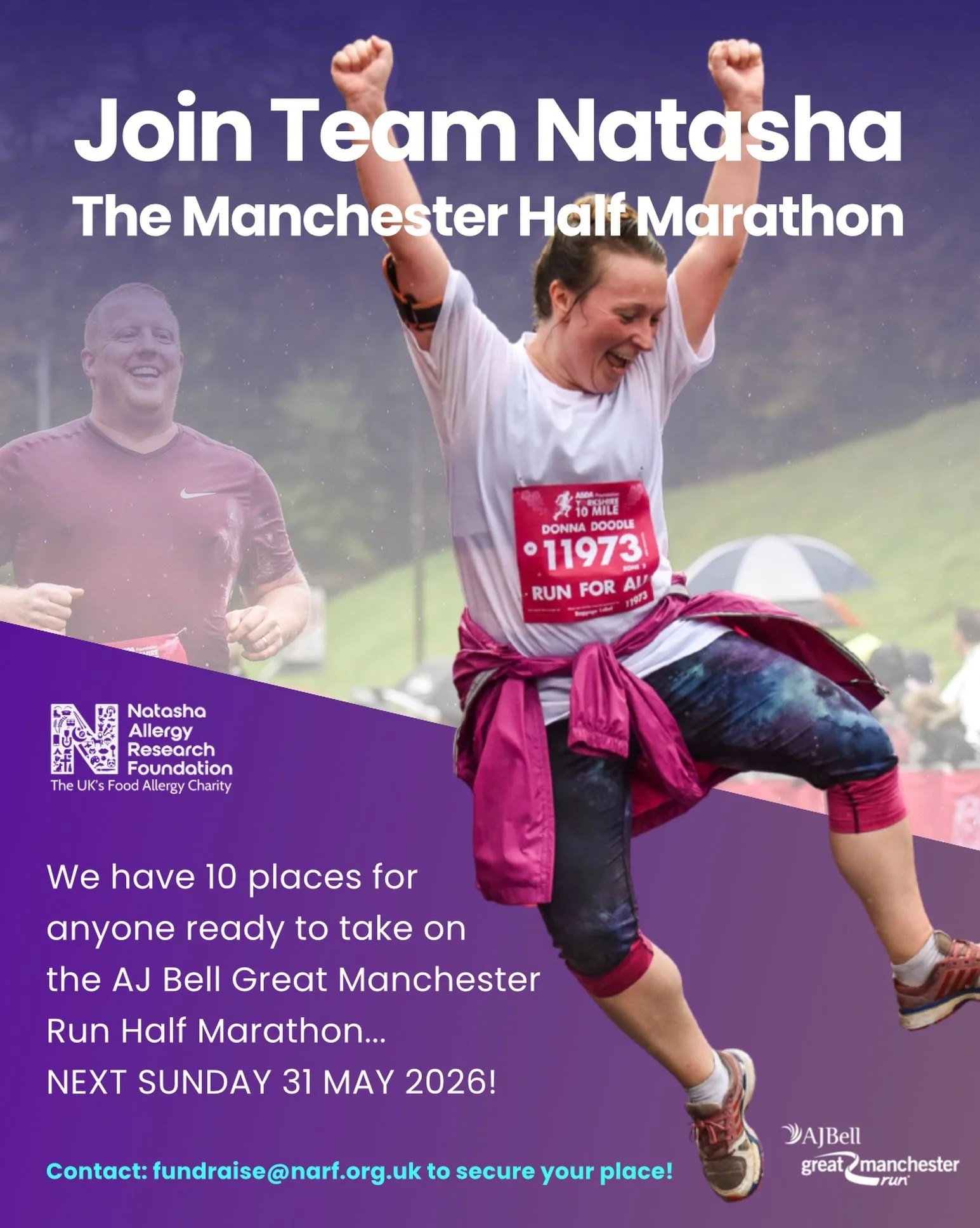 Could you run 13.1 miles to help make allergy history?

Next Sunday, 31 May 2026, Team Natasha will be taking on the AJ Bell Great Manchester Run Half Marathon 2026 and you could still be part of it.

We have just 10 places remaining for anyone ready
