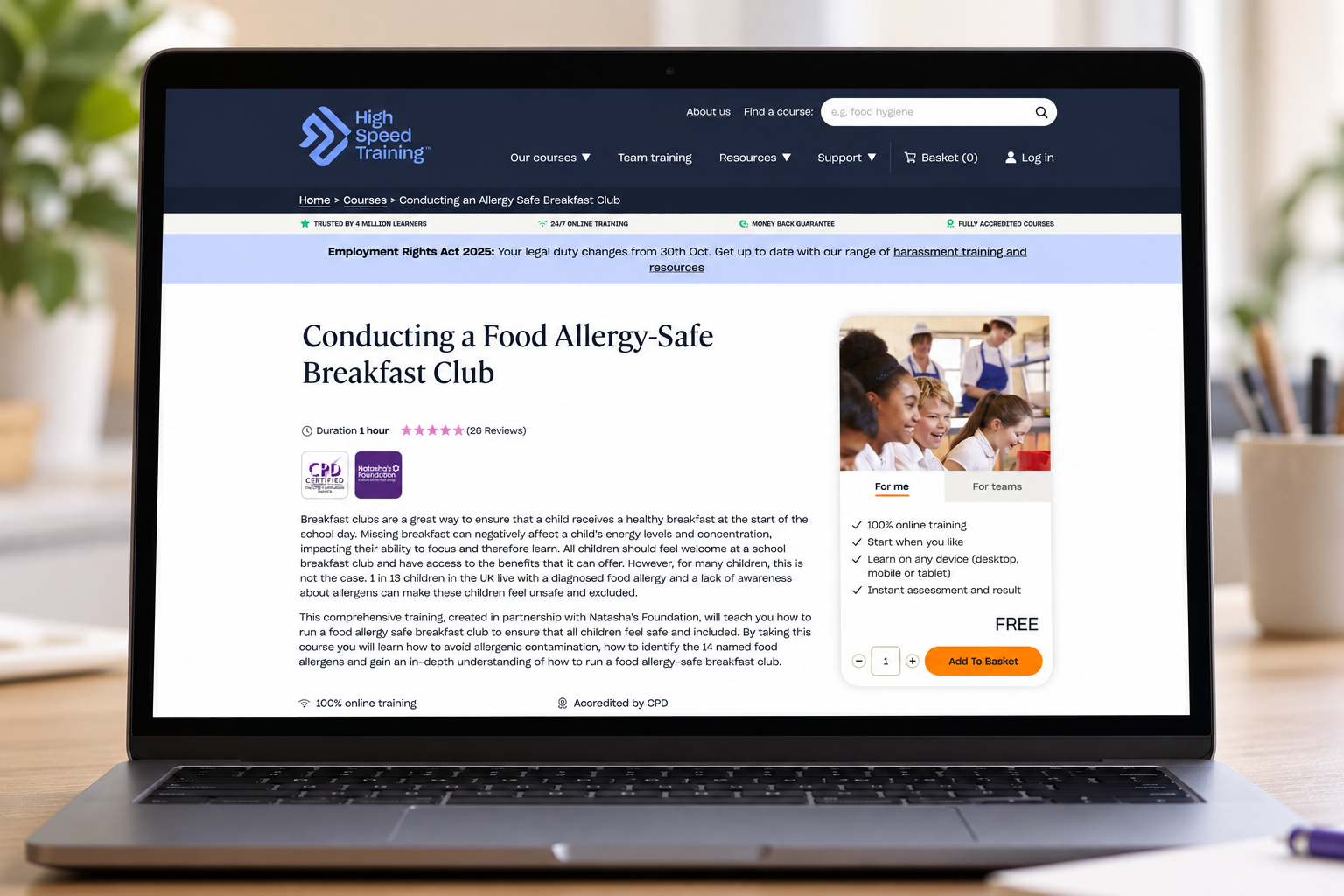 Laptop displaying a free food allergy course to run a dafe breakfast club for children with food allergies