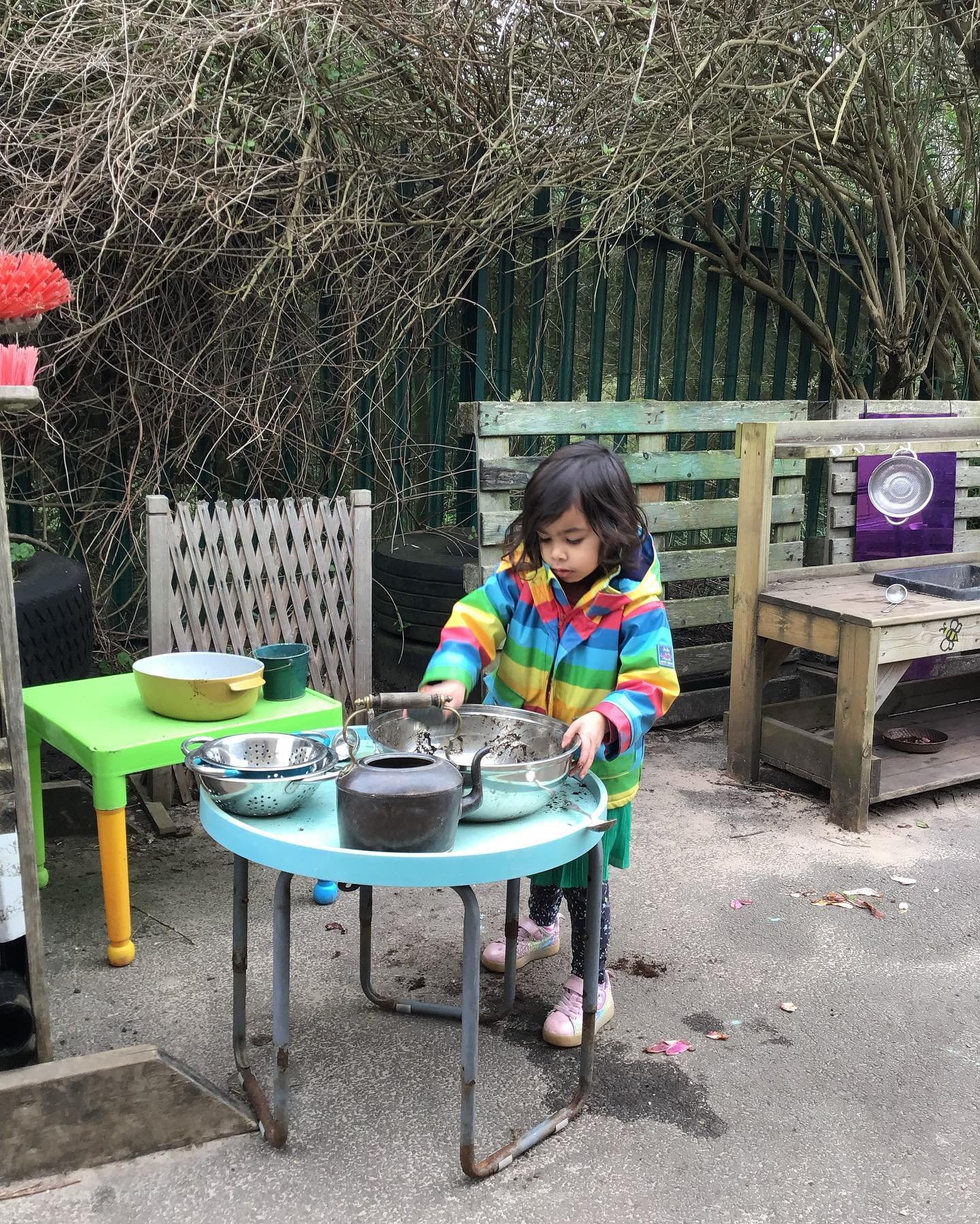 Our mud kitchen is bustling. As I observe there are many physical skills being refined from balance to pouring, to sweeping, to pincer grip. There is language &ndash; new words, made-up words, rhyme, simple sentences, compound sentences, intonation, 