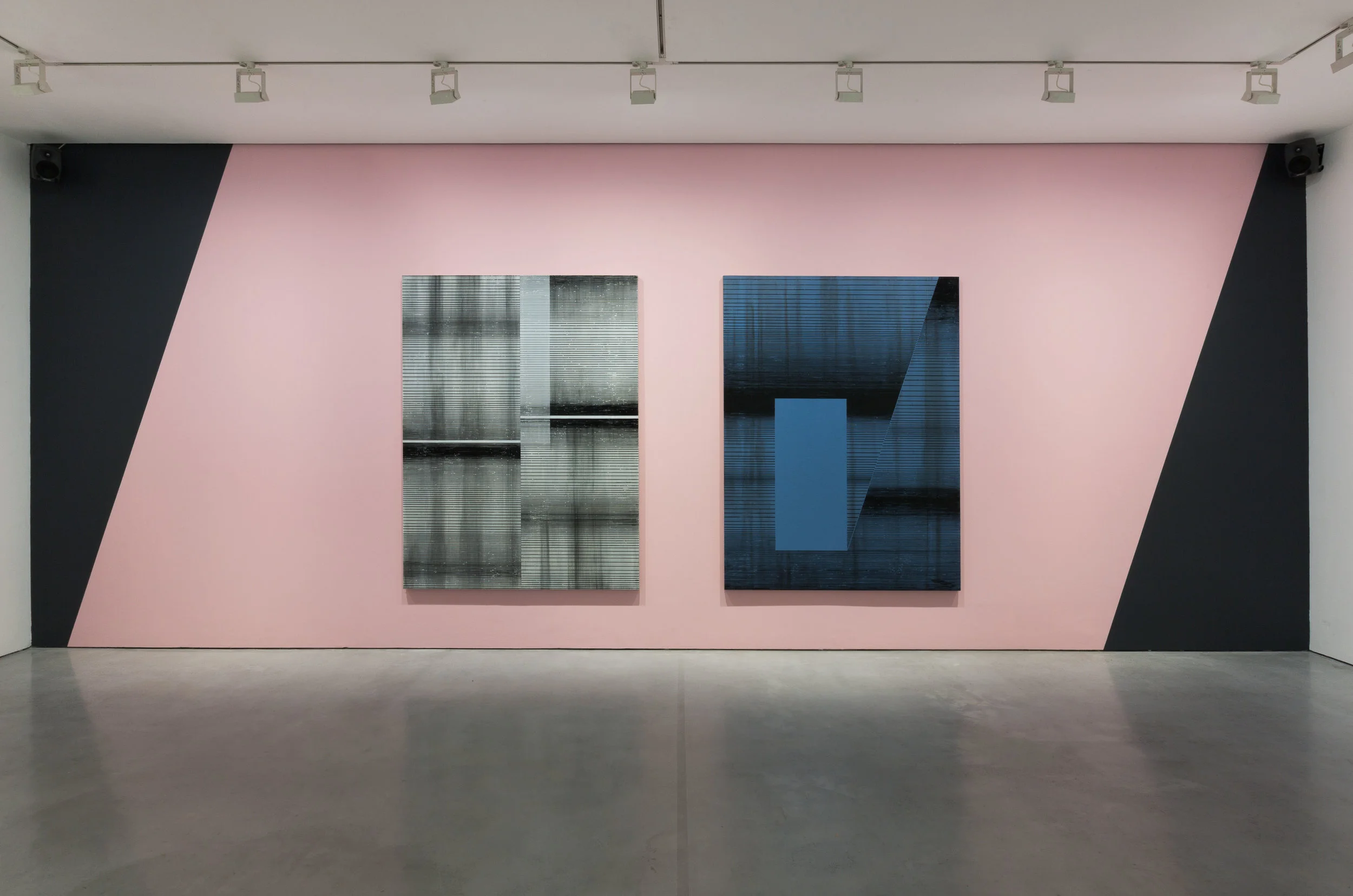 Installation shot; Modular Synthesis & Void, 2015, each; Enamel and oil on linen 200 x 150 cm