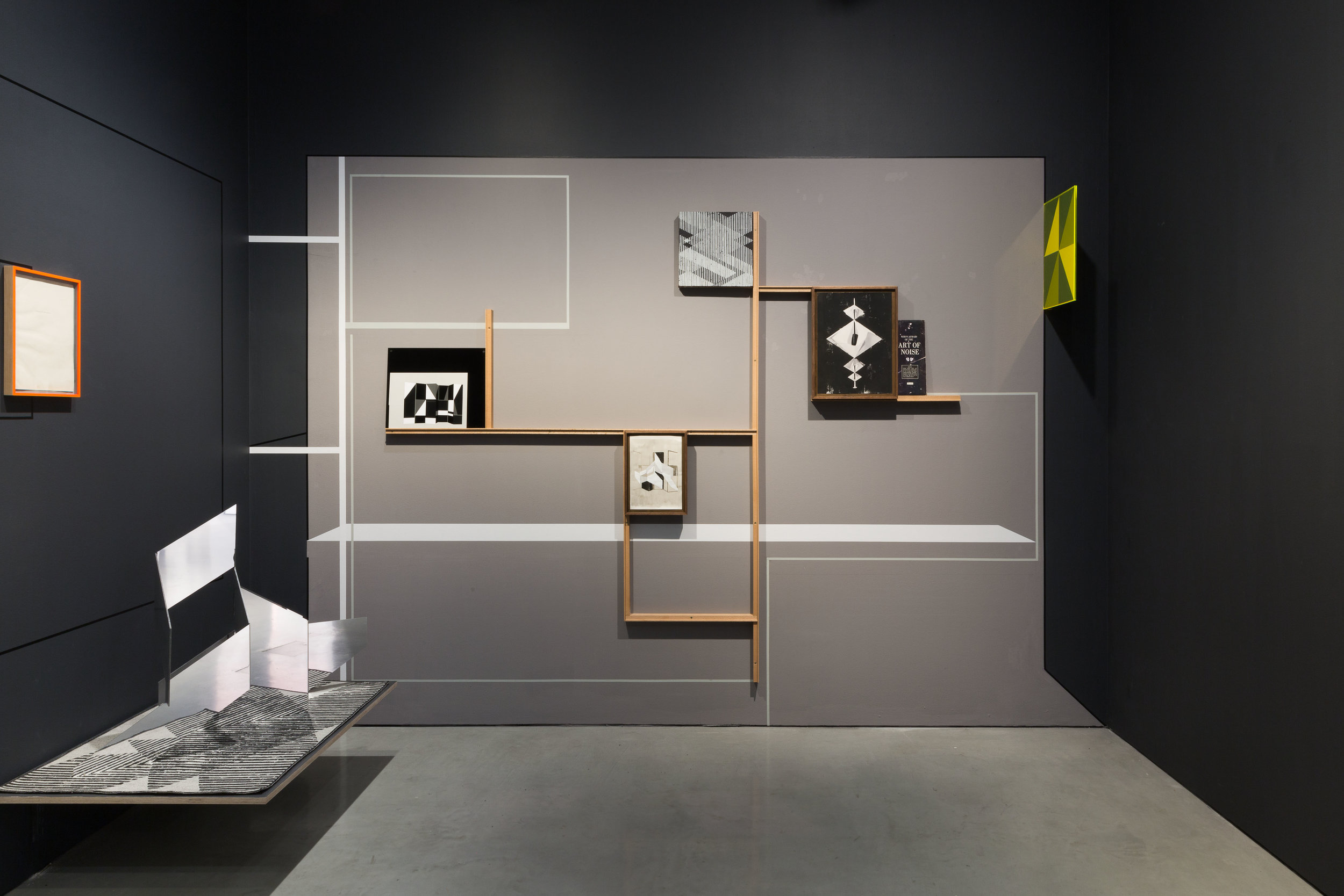 The Brain Room Wall Installation II; wall painting & shelving unit containing works (from left to right); ‘ Unknown_Alias’ Dibond maquette, ‘ Object Relations’ framed Ink drawing on paper, ‘ Open Source’ Pinstripe painting, Untitled (Paradigm I) Framed digital Transparency and Acrylic on paper with Art of Noise record cover.