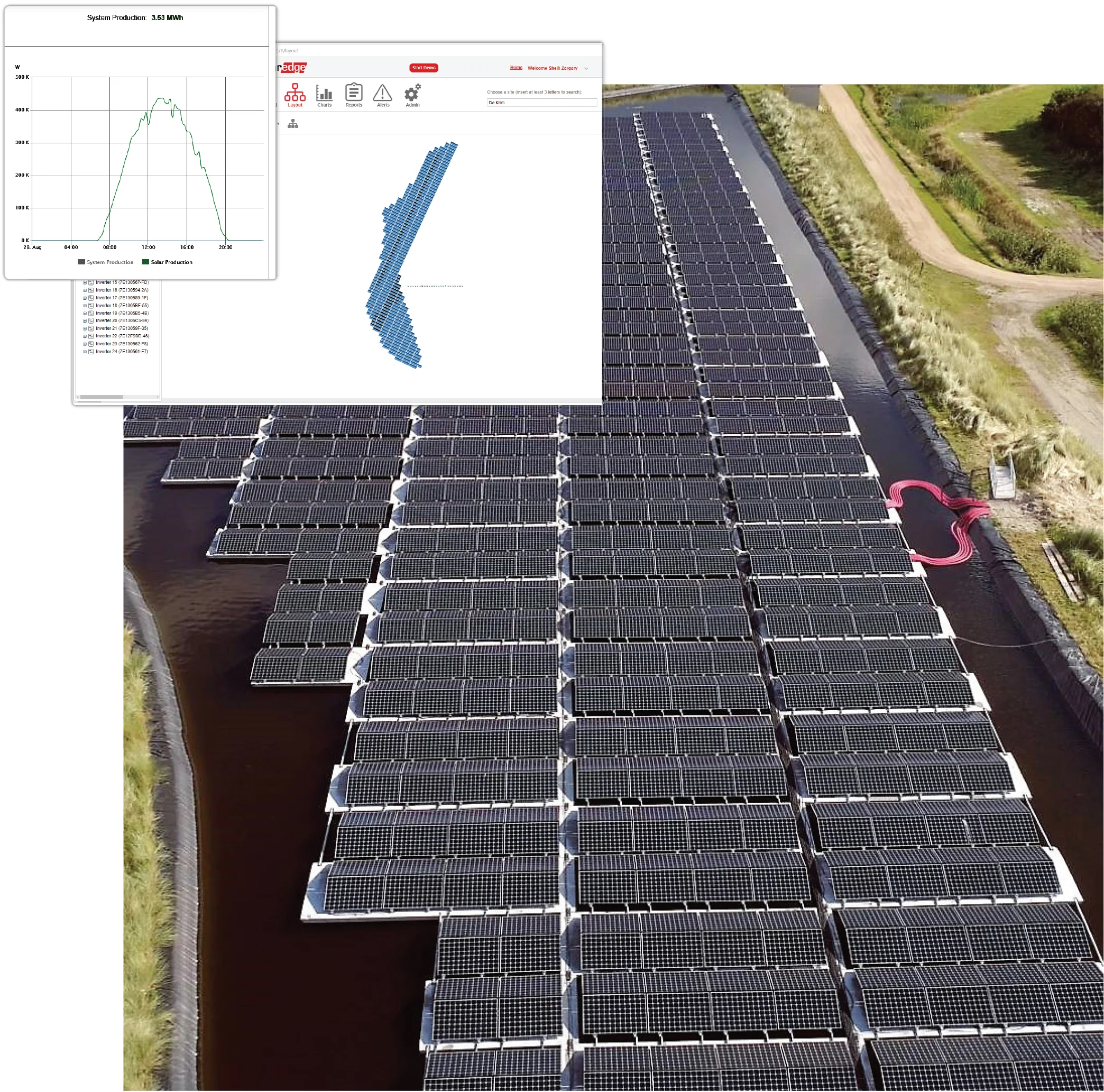 The SolarEdge monitoring platform dashboard shows status updates, alerts and other information transmitted from the site. Users can see the physical layout of the installation as well as detailed charts about system performance, reducing costs by enabling the remote monitoring of operations.