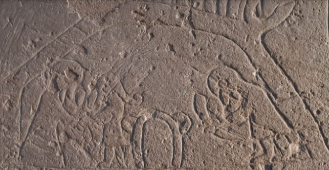   Detail from a runestone carved by vikings between 1040 and 1050 – depicting the nativity scene of the Bible.  