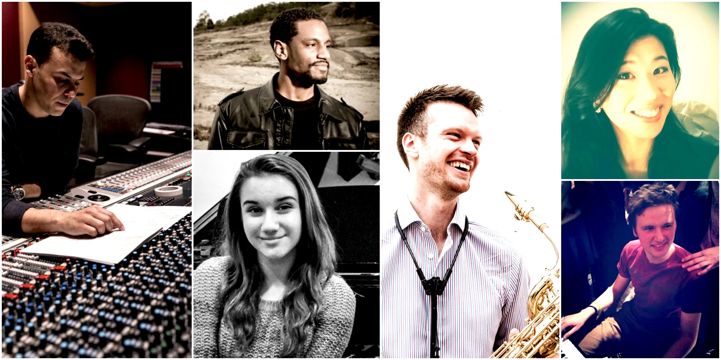 Composers from the Marvin Hamlisch Film Scoring Contest (clockwise, left to right: Carlos Felipe Silva (Finalist, 2015); Carlos Simon (Winner, 2015); Lewis Parle (Emerging Category Finalist, 2018); Erica Jung (Finalist, 2014); Paul Devlin (Winner, 2014); Isabella Dussias (Youth Category Finalist, 2016, 2017, 2018).