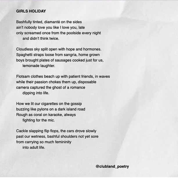 A sapphic ode dedicated to the ritual of a first girls holiday. 
.
.
.

#poemoftheday #poetryisnotdead #poetrycommunity #poetrylovers #poetsofinstagram #femalewriters #londonpoetry