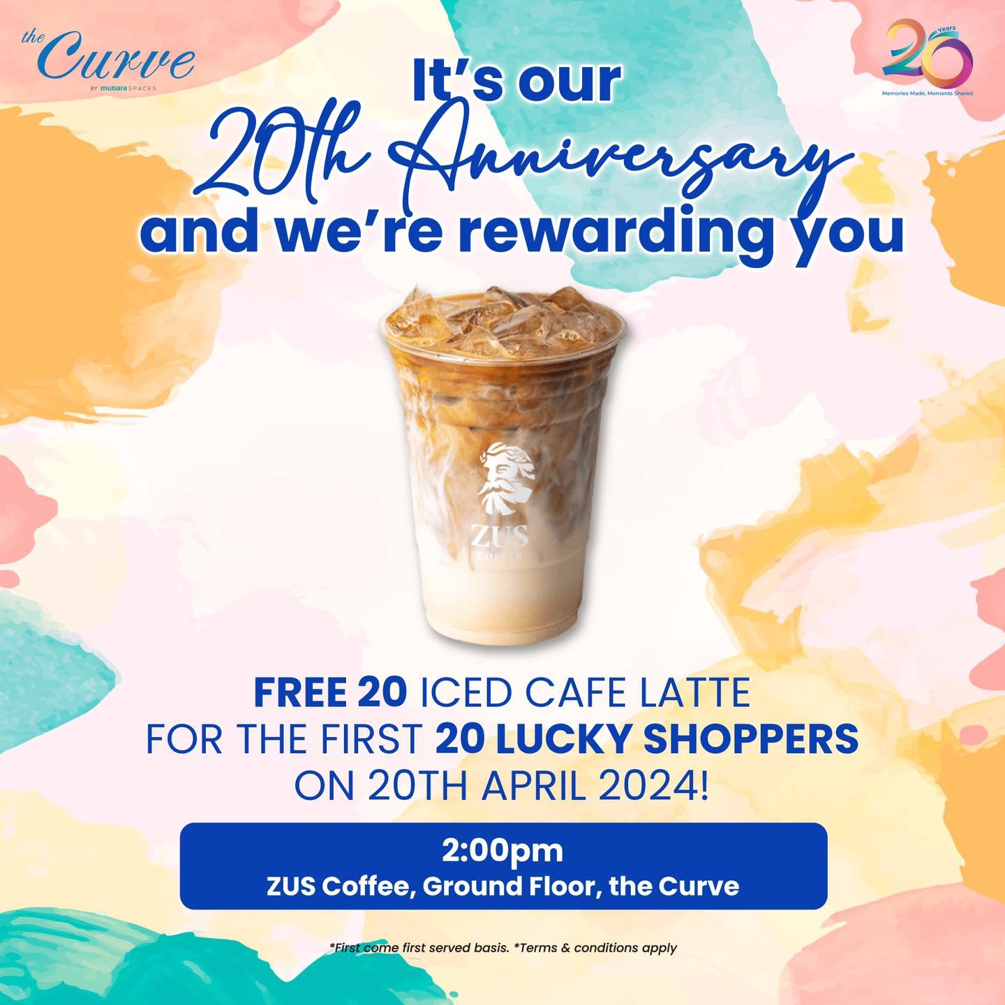 Join us in celebrating the Curve&rsquo;s 20th Anniversary! 

Be one of the first 20 lucky shoppers to enjoy a refreshing Iced Cafe Latte on us. Here are the details:

Date: Saturday, 20th April 2024
Time: 2:00 PM
Venue: ZUS Coffee, the Curve

Don&rsq