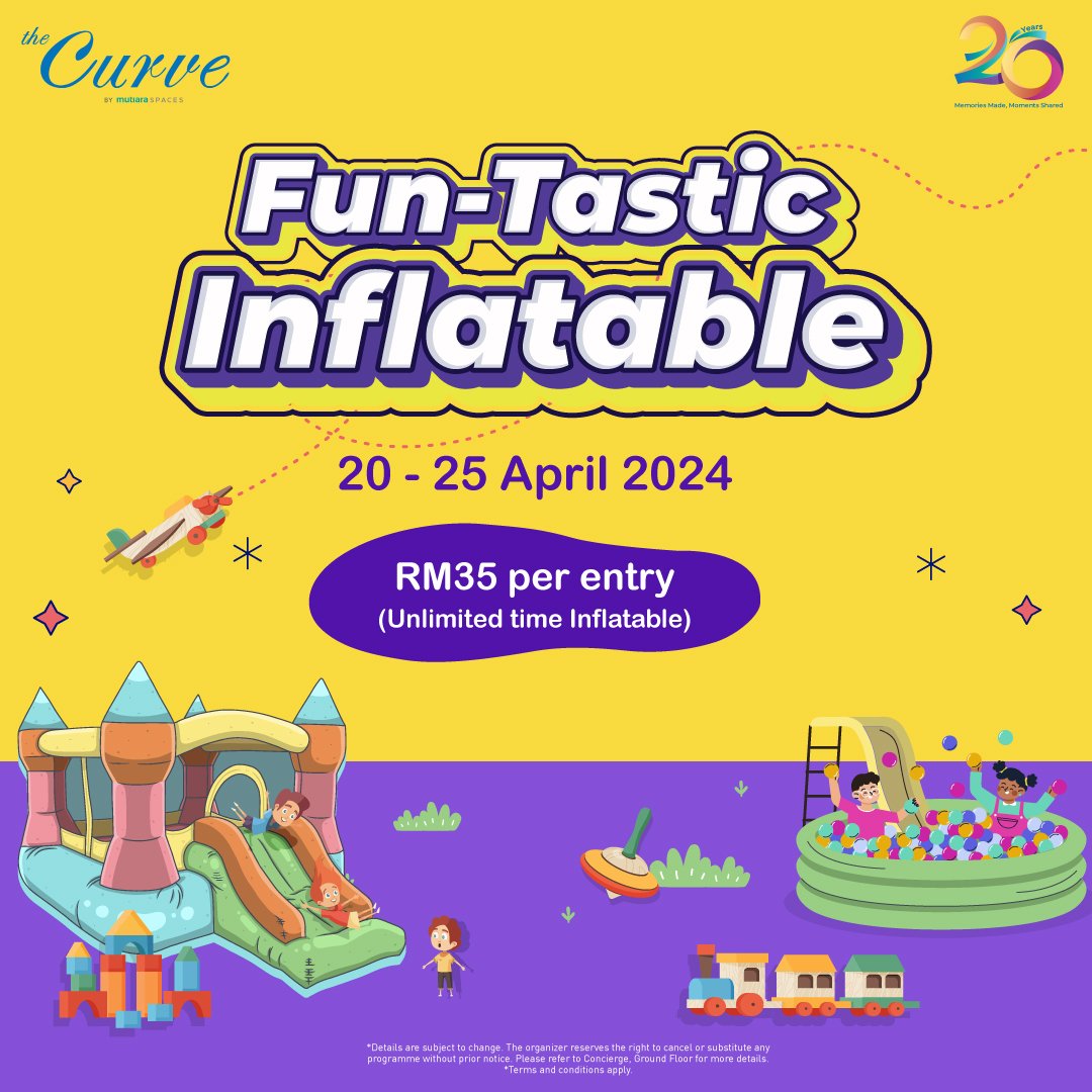 Need a break during shopping? Let the kids have a blast at our Fun-Tastic Inflatable play area while you unwind!

Date: 20 - 25 April 2024
Time: 10am - 10pm
Venue: Centre Court, the Curve Mutiara Damansara

#theCurve #theCurveMutiaraDamansara #theCur