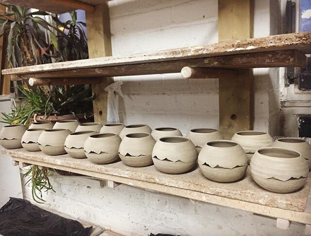 Freshly carved and turned landscape vessels drying on the shelf #scottishlandscape #mountains #ceramics #pottery #carveouttimeforart #vessels #tealightholder #wasps #craft #scottishceramics #dennistoun #westcoastscotland #greenwareceramics