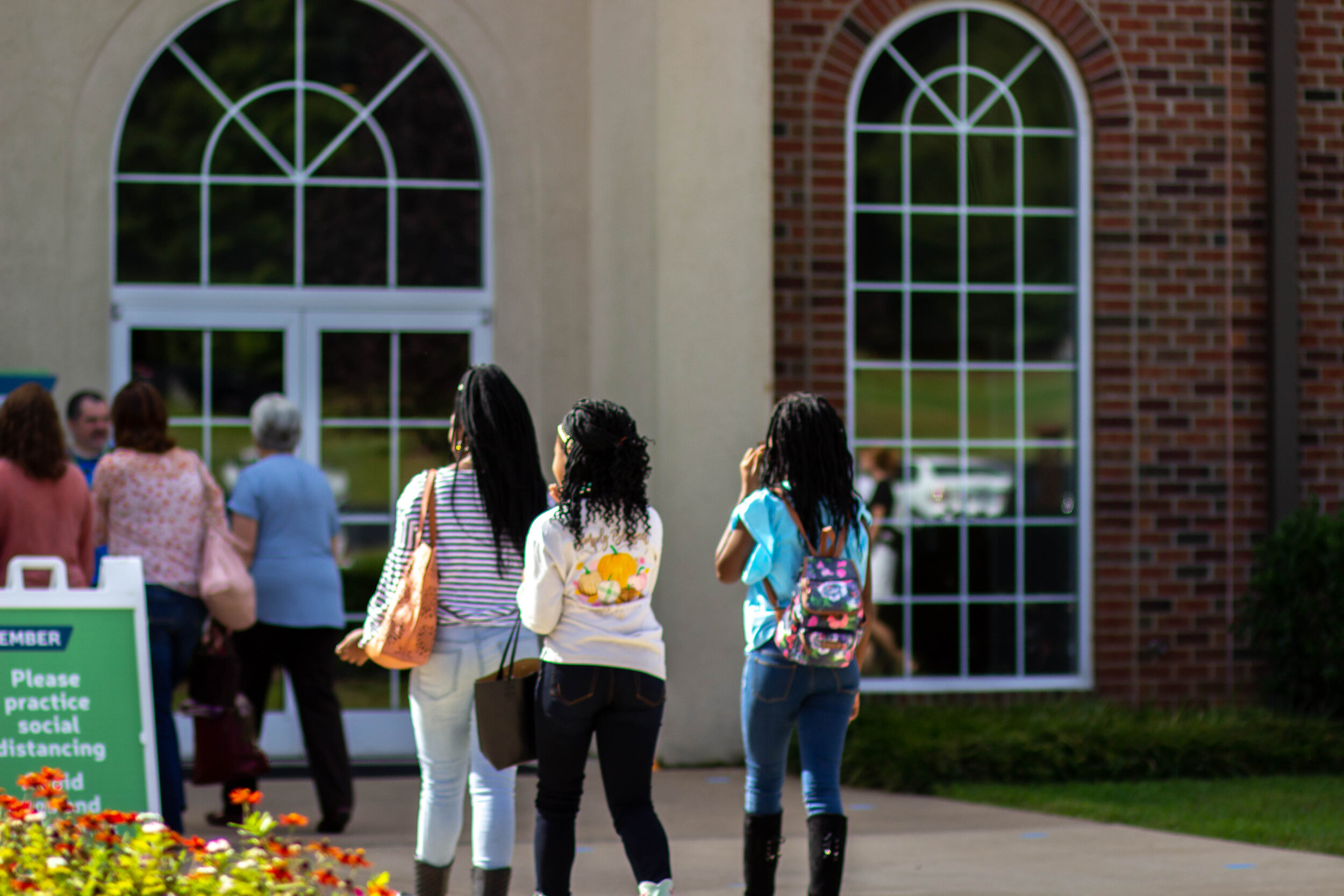 Enter through the main lobby doors for worship.