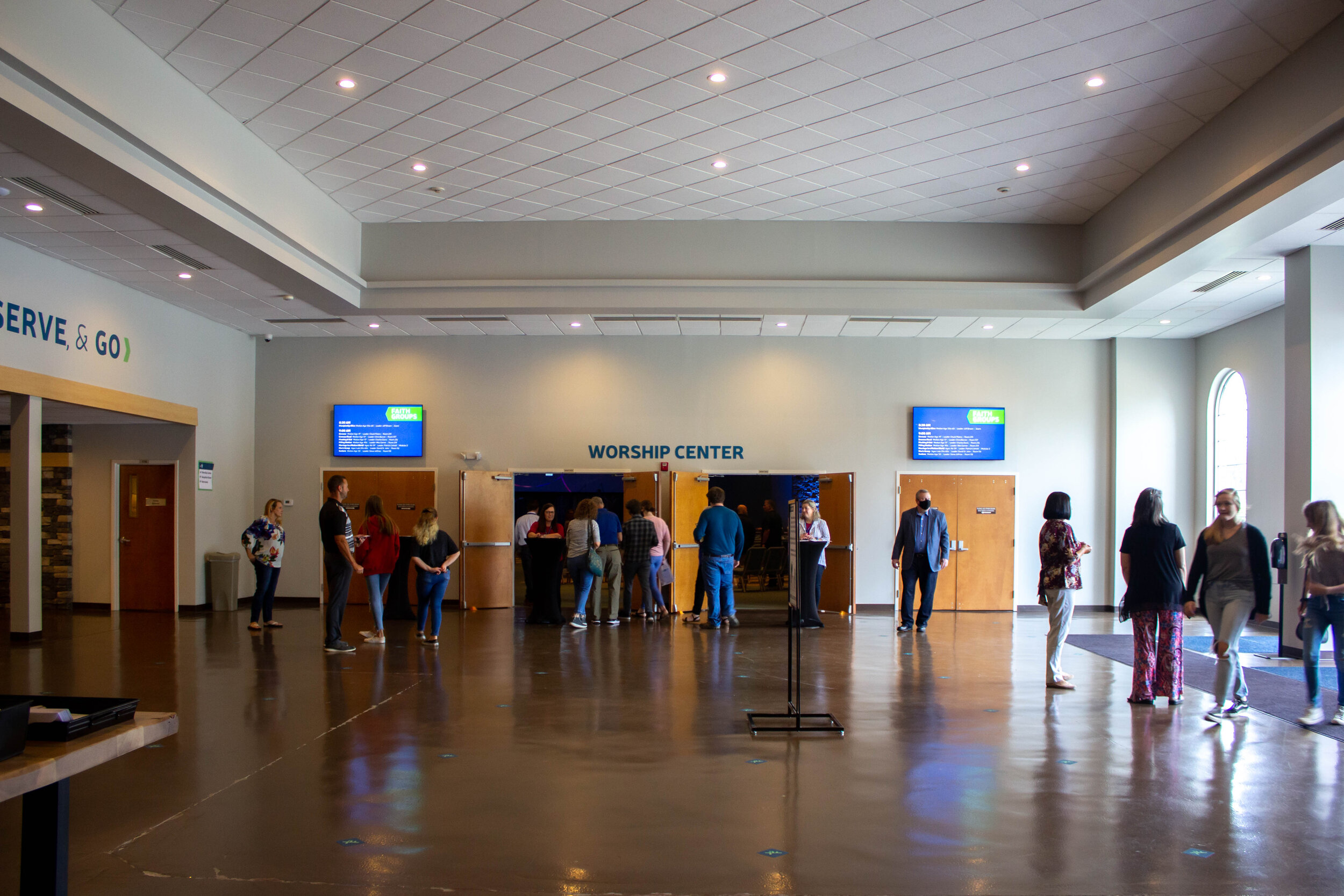 The Worship Center doors are to your right as you enter the main lobby.