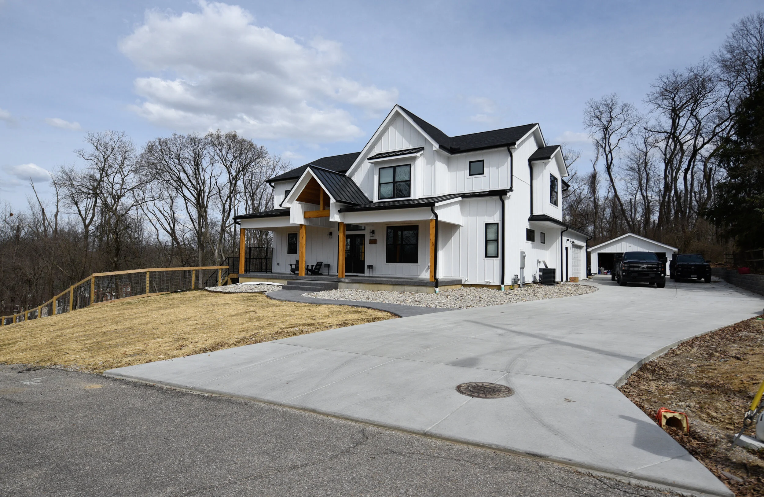 Traditional Concrete Driveway Brush Finish, Stamped Concrete Front Walk, Steps, Covered Front Porch