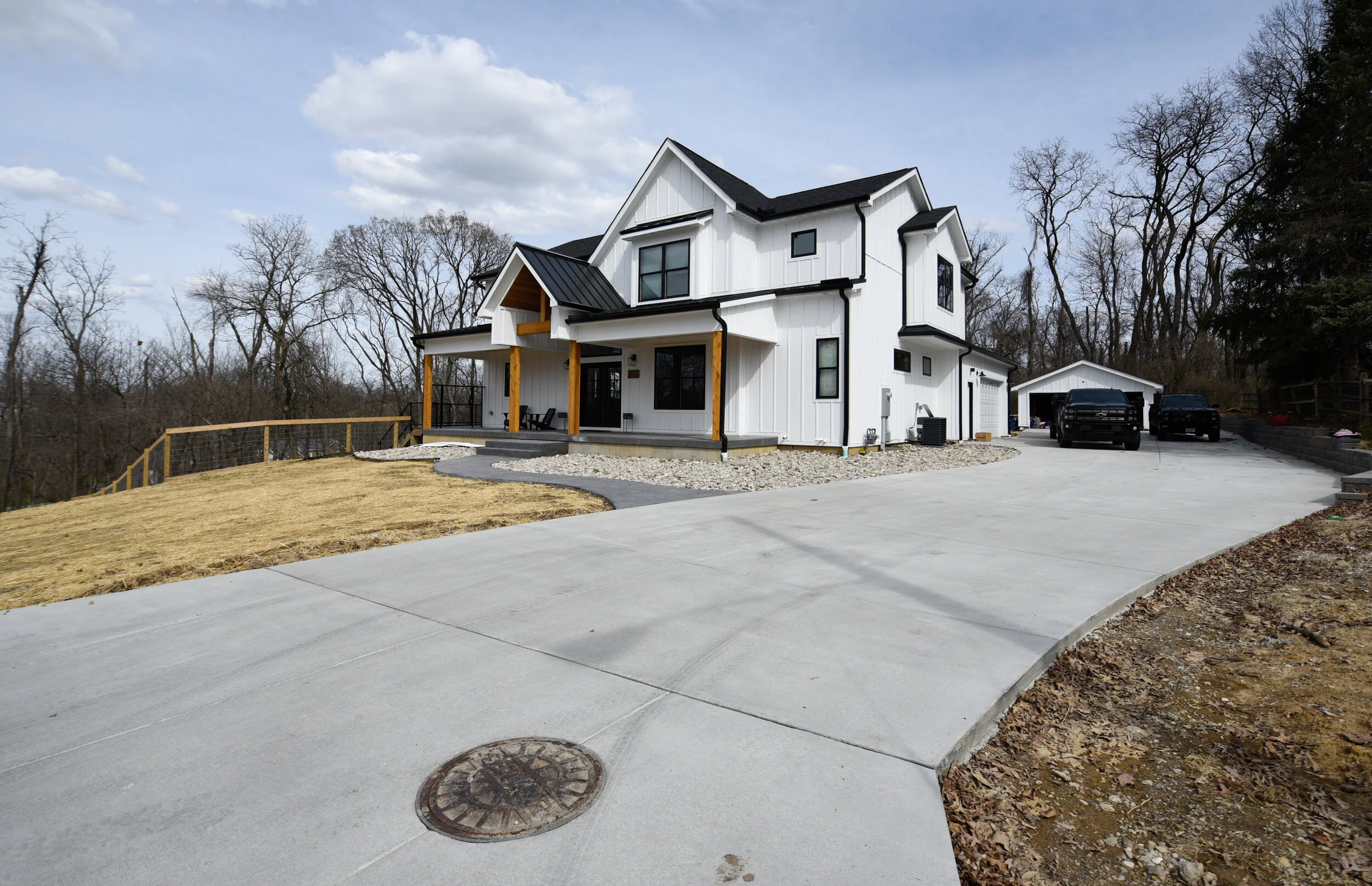 Traditional Concrete Driveway Brushed Finish with Stamped Concrete Front Walkway, Steps, and Covered Front Porch