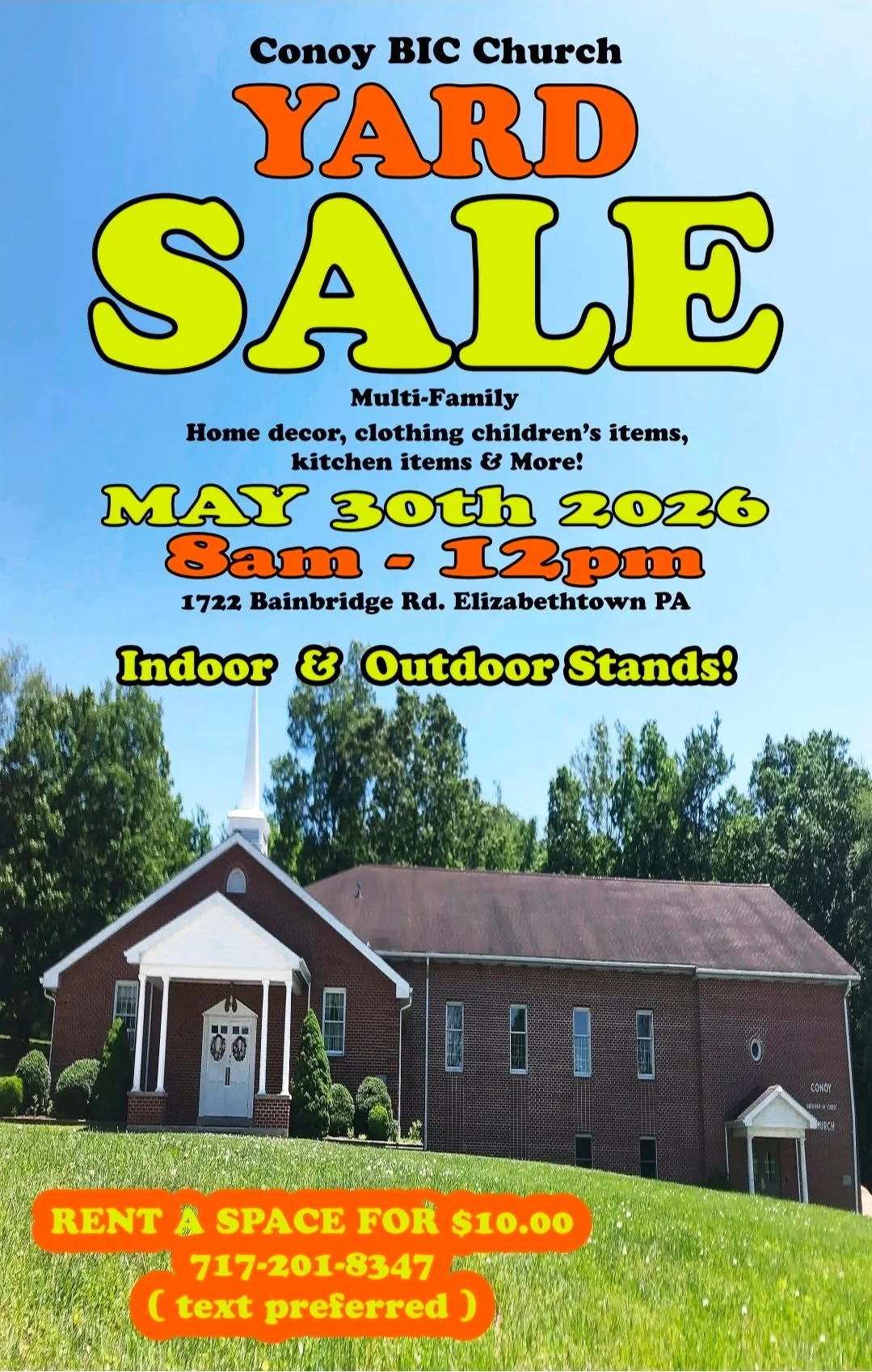 JOIN US FOR OUR 2ND ANNUAL COMMUNITY YARD SALE. Contact Amy Moore to secure your space.