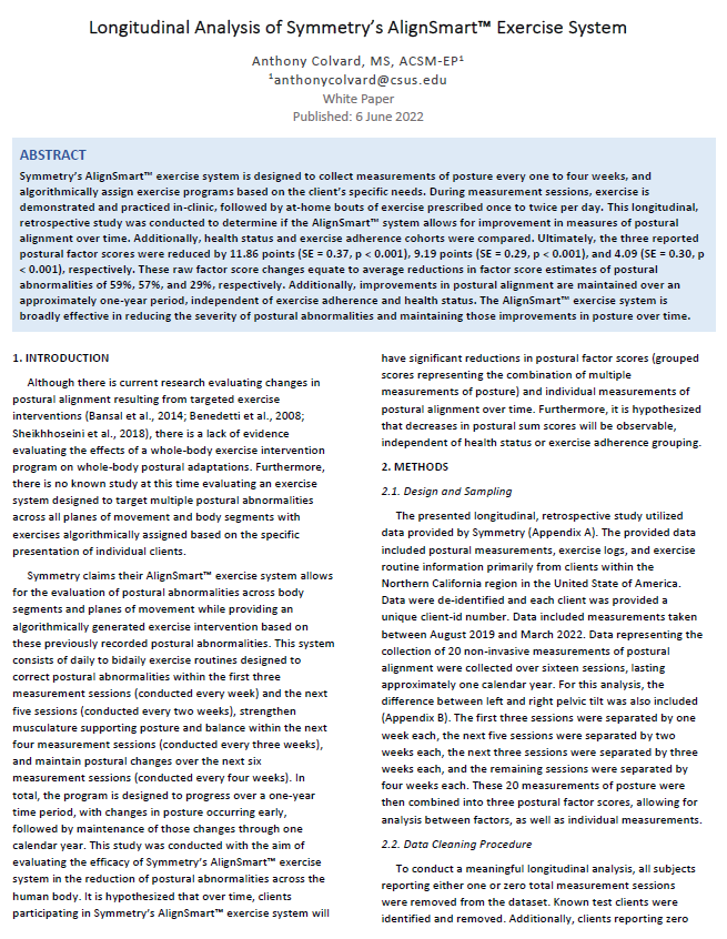 Longitudinal Analysis of Symmetry's Alignsmart Exercise System