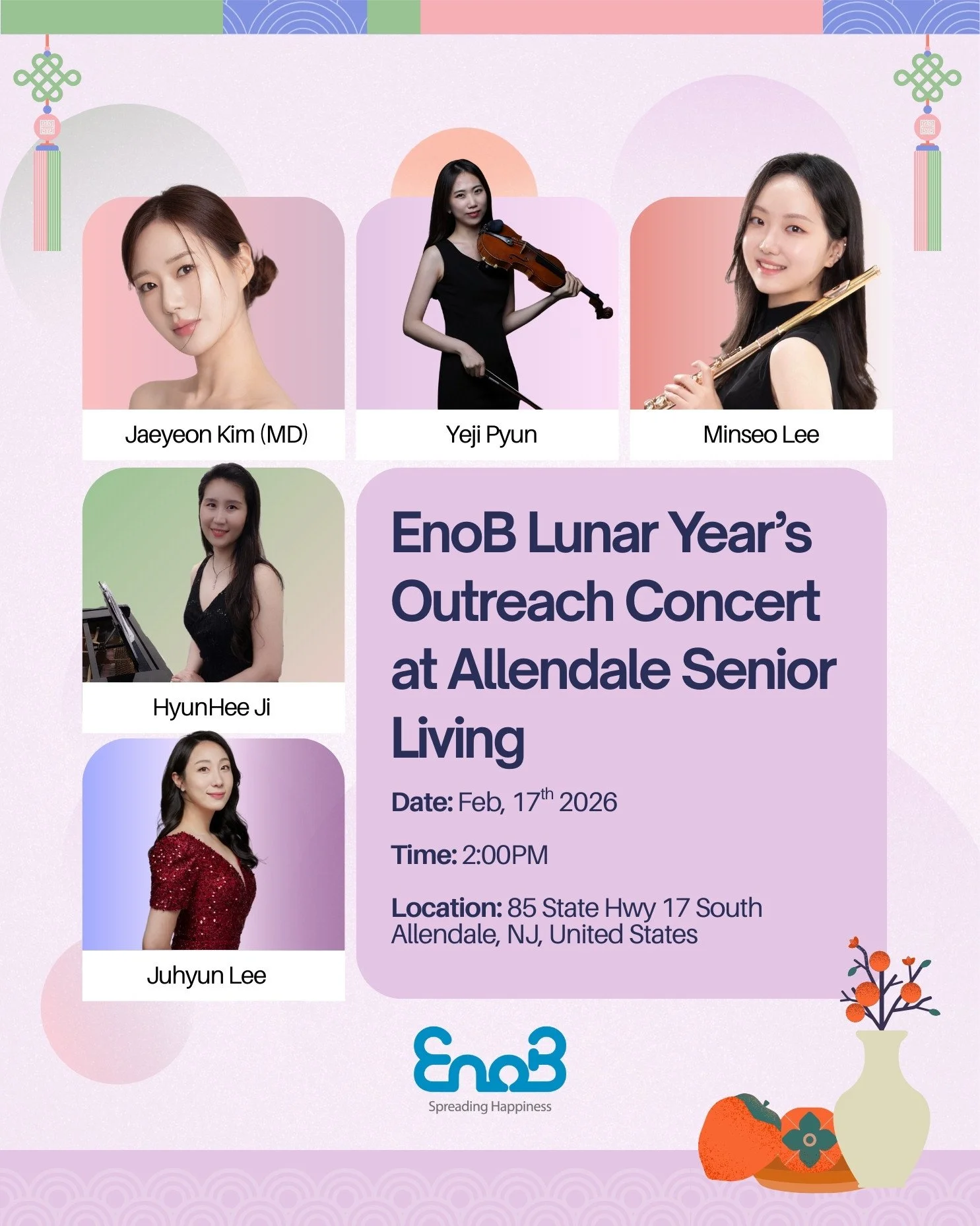 [EnoB Lunar New Year&rsquo;s Outreach Concert 2026.02.17 @ Allendale Senior Living with Jaeyeon Kim MD team]

2월 17일, 이노비는 뉴저지에 위치한 Allendale Senior Living에서 2026년 첫 아웃리치 콘서트를 엽니다. 이번 공연은 설날을 맞아 한인 어르신들께 따뜻한 음악을 전하고자 마련되었으며, 음악감독 김재연님과 연주자들이 한국의 정서와 