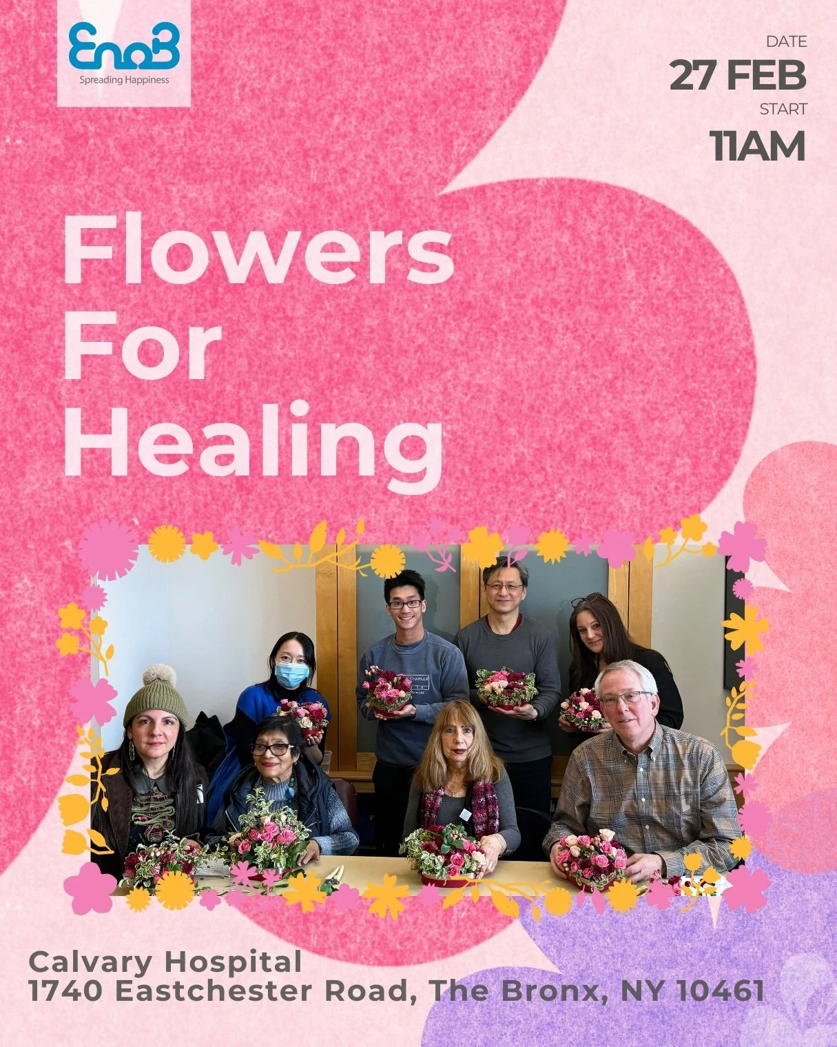 [EnoB NY | Flowers for Healing 2026.02.27 @ Calvary Hospital]

2월 27일, 브롱크스 캘버리 병원(Calvary Hospital)에서 이노비 Flowers for Healing 프로그램이 진행될 예정입니다. 이번 플라워 힐링 클래스는 호스피스 병동에서 헌신하고 있는 보호자와 의료진 분들이 일상의 무게에서 잠시 벗어나, 꽃이 주는 온기와 색감 속에서 스스로를 돌보고 숨을 고를 수 있도록 마련된 자